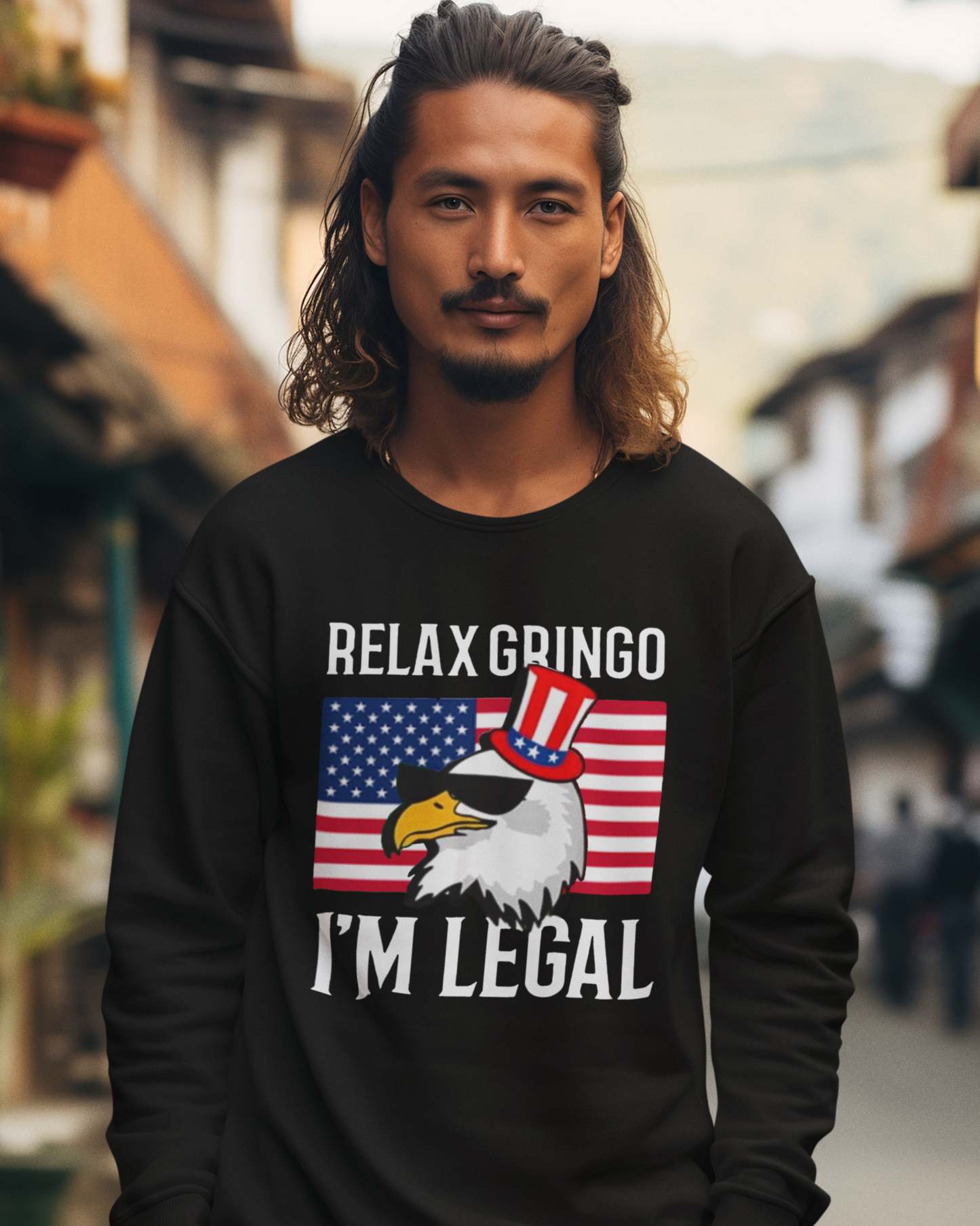 Relax Gringo, I'm Legal USA Flag Fleece-Lined Crewneck Sweater | America Edition - Funny Viral Latino Tees | Unisex - 3 Colors