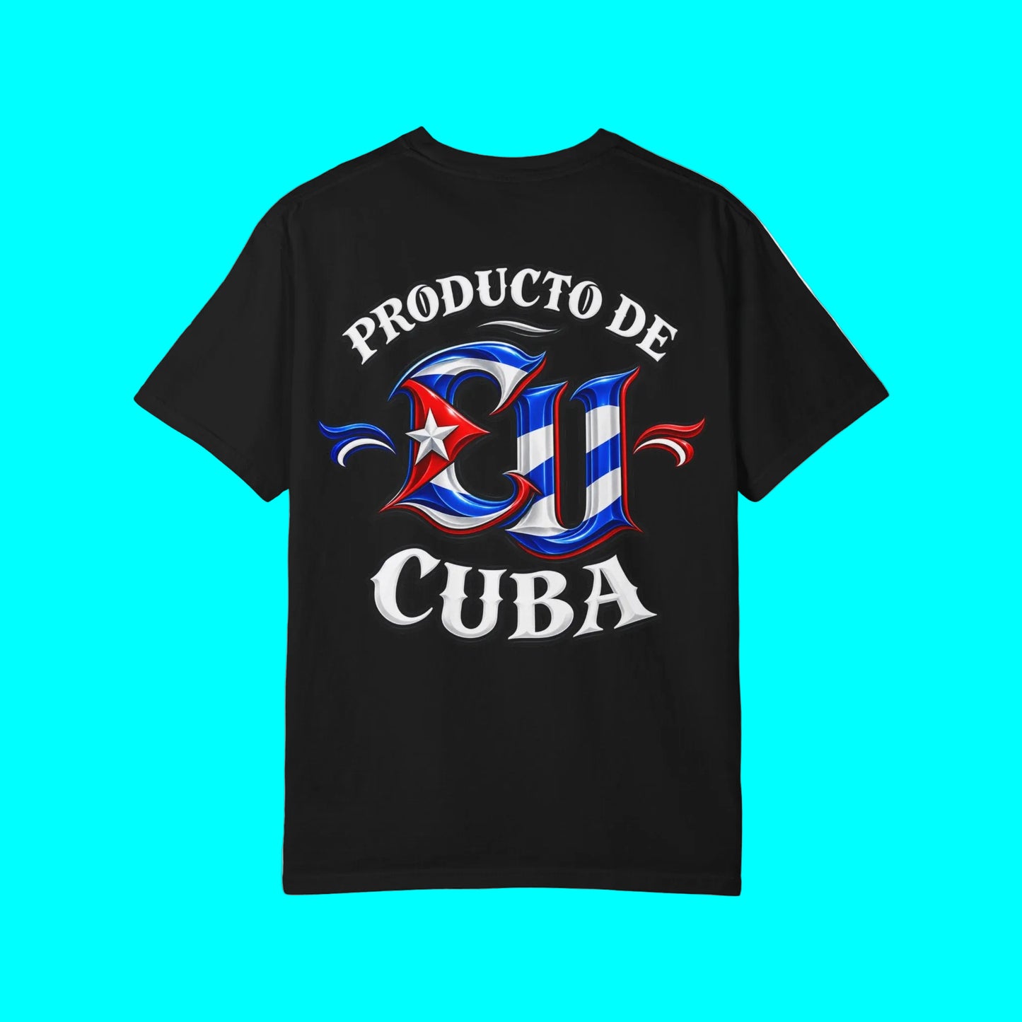 A black short-sleeve t-shirt with a graphic on the front reading 'PRODUCTO DE CU CUBA' in white, red, and blue, styled with a Cuban flag motif.