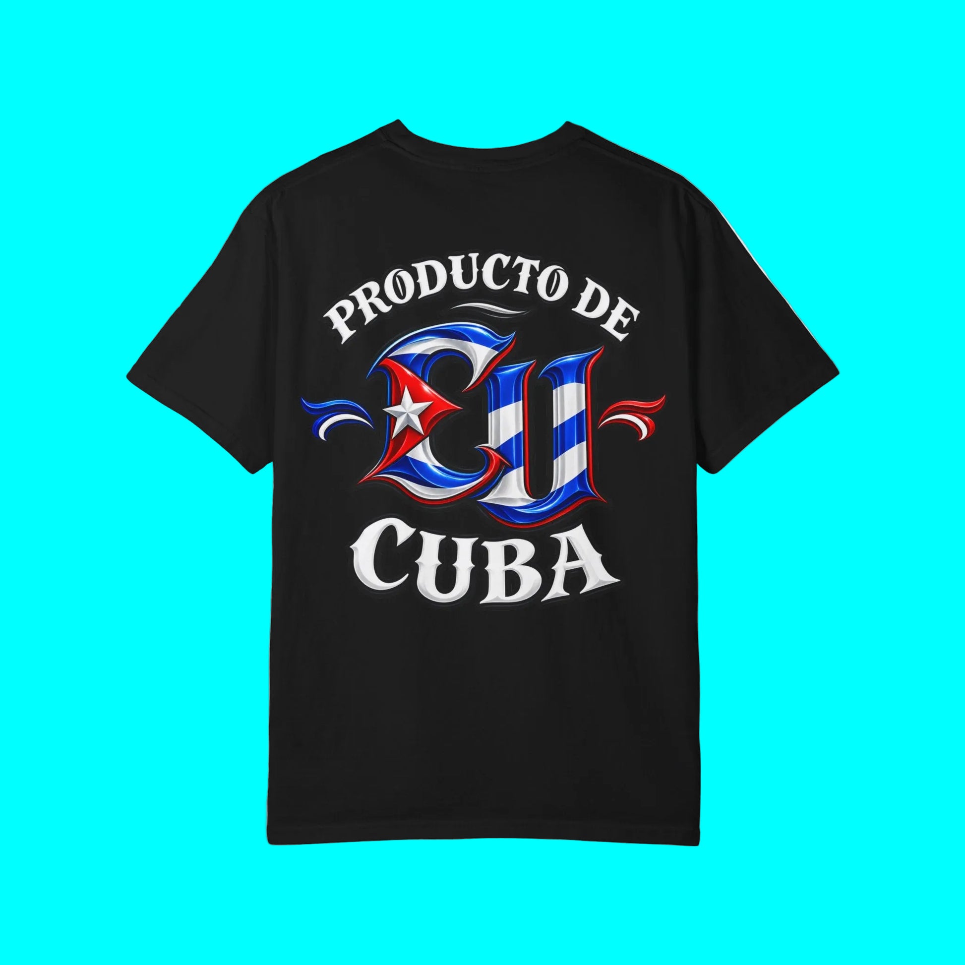 A black short-sleeve t-shirt with a graphic on the front reading 'PRODUCTO DE CU CUBA' in white, red, and blue, styled with a Cuban flag motif.