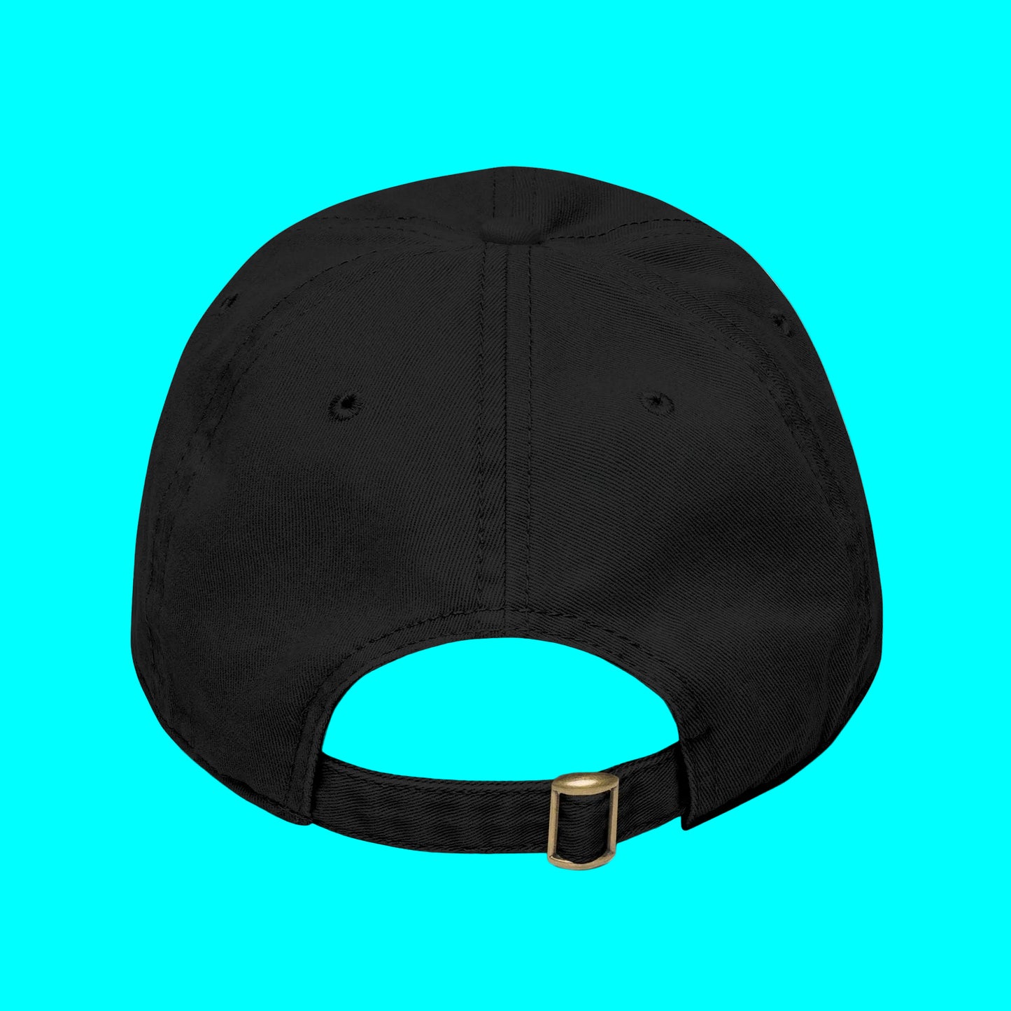 Black cap with a gold buckle on a white background