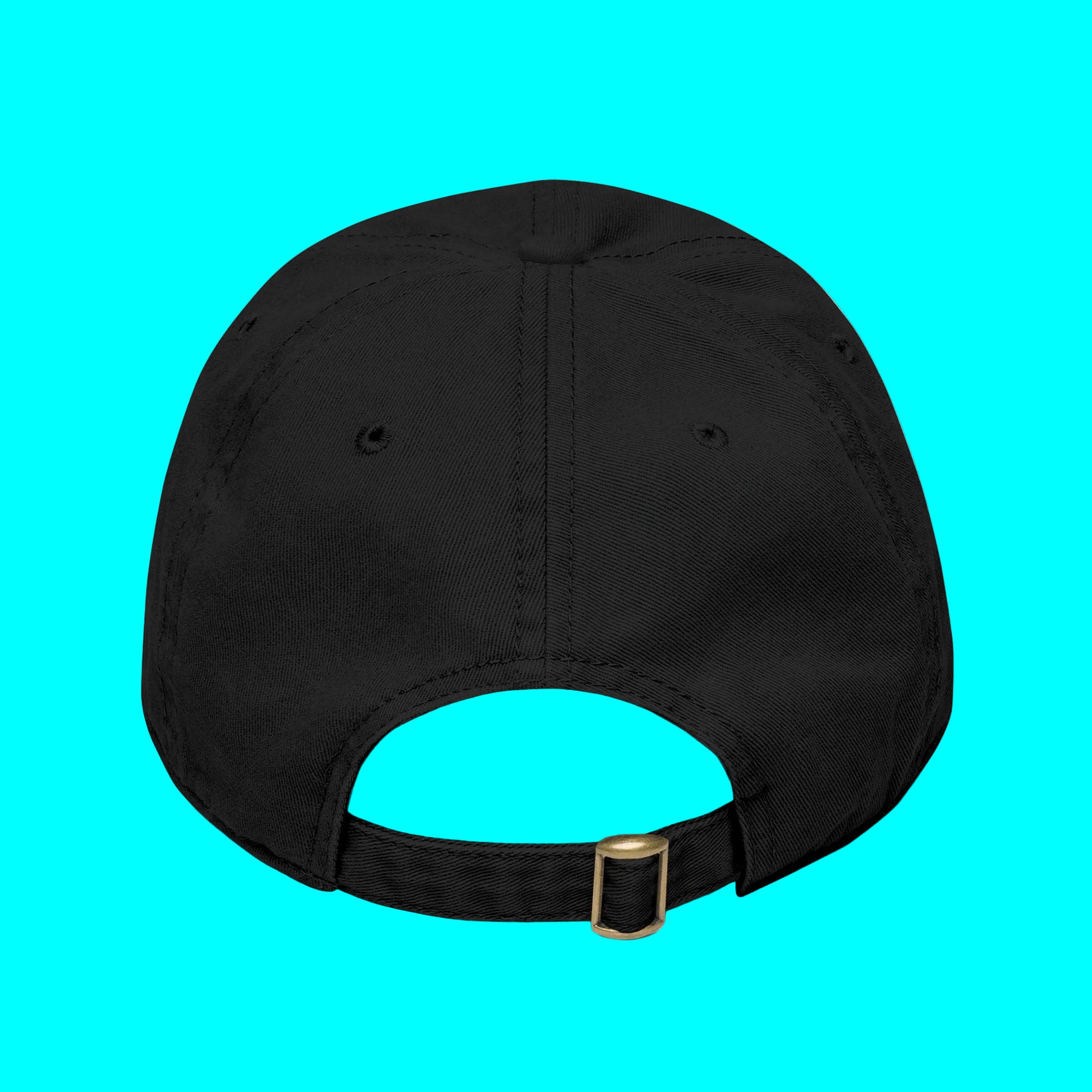 Black cap with a gold buckle on a white background
