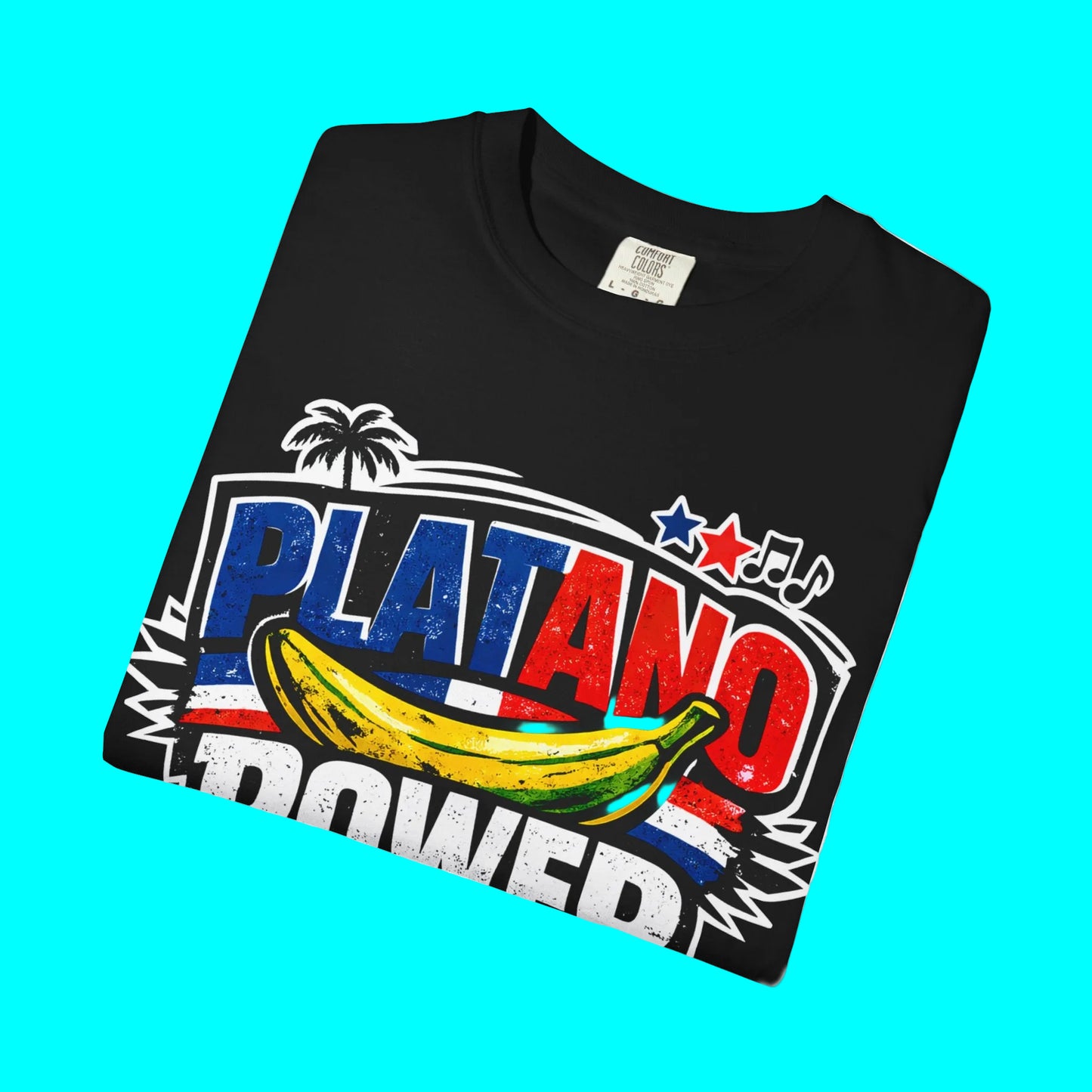 Black t-shirt with colorful 'Platano Power' graphic design featuring a banana on a white background.