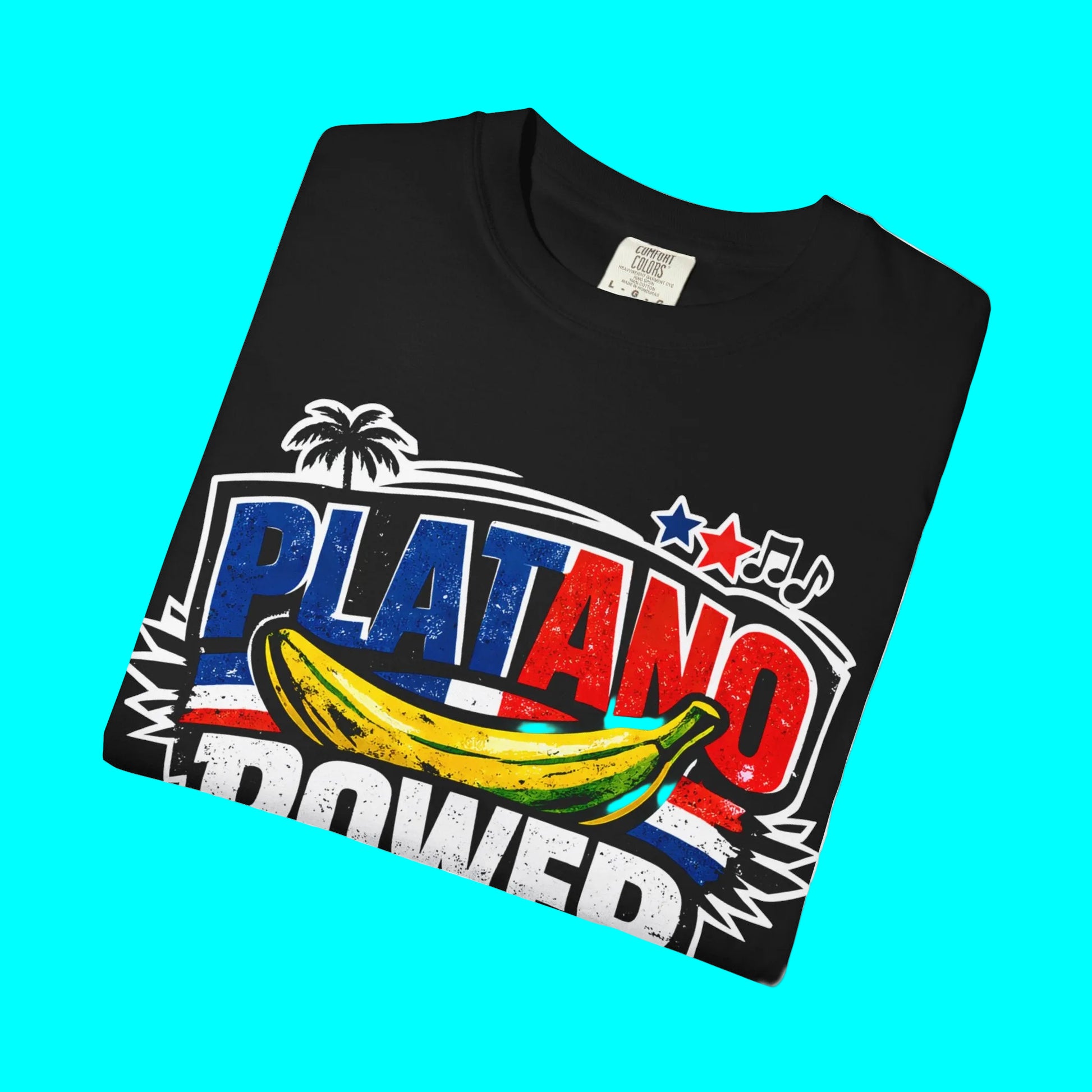 Black t-shirt with colorful 'Platano Power' graphic design featuring a banana on a white background.