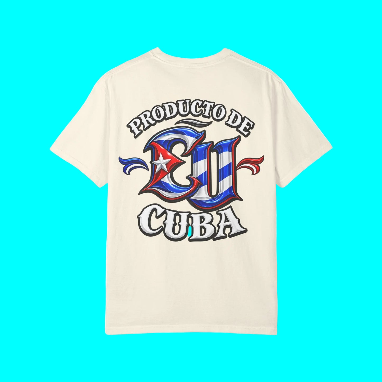 An off-white short-sleeve t-shirt with a large graphic on the back featuring the text 'PRODUCTO DE CU CUBA' in stylized lettering with red, white, and blue Cuban flag elements.
