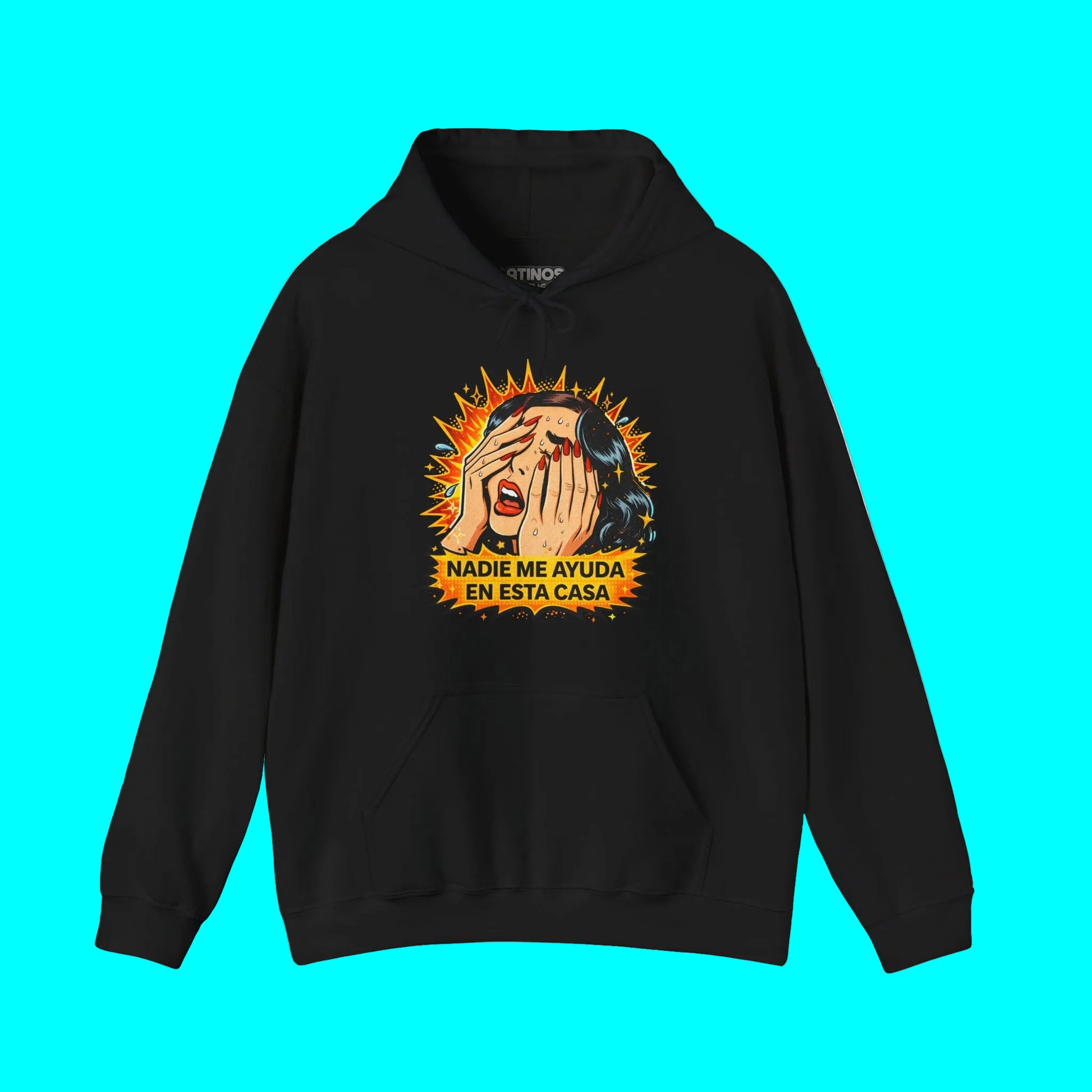 Black hoodie with a graphic design on a white background
