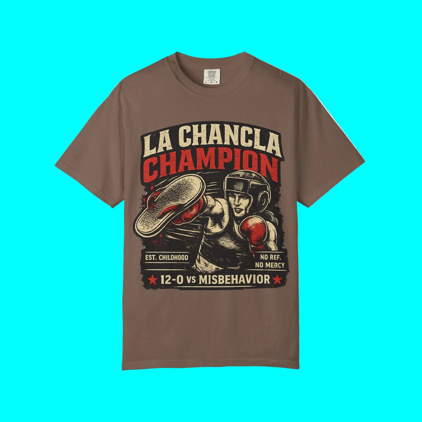 Brown t-shirt with boxing graphic and text on a white background