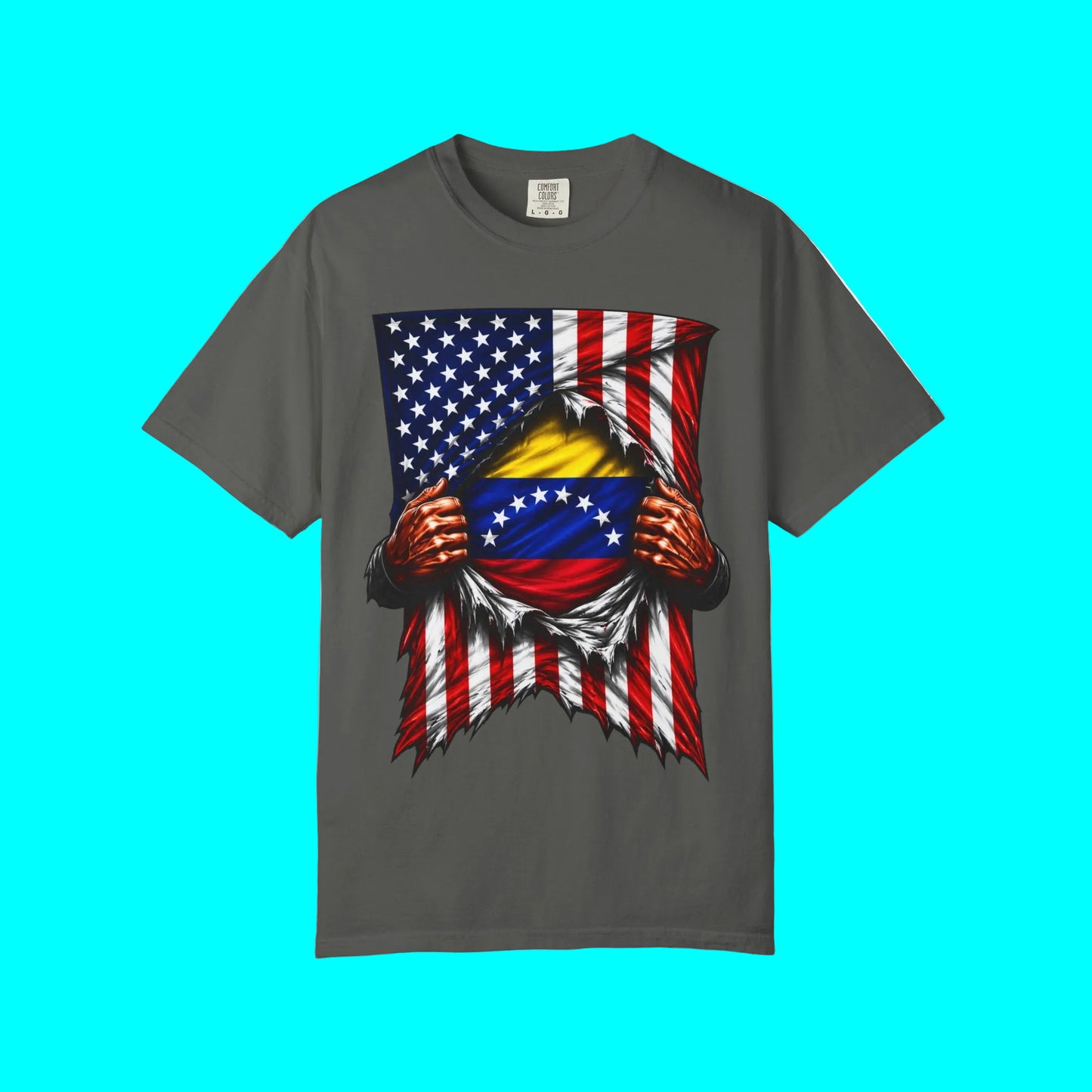 A dark gray short-sleeve t-shirt with a graphic print of a ripped American flag revealing the Venezuelan flag and eagle design, displayed on a clean white background.