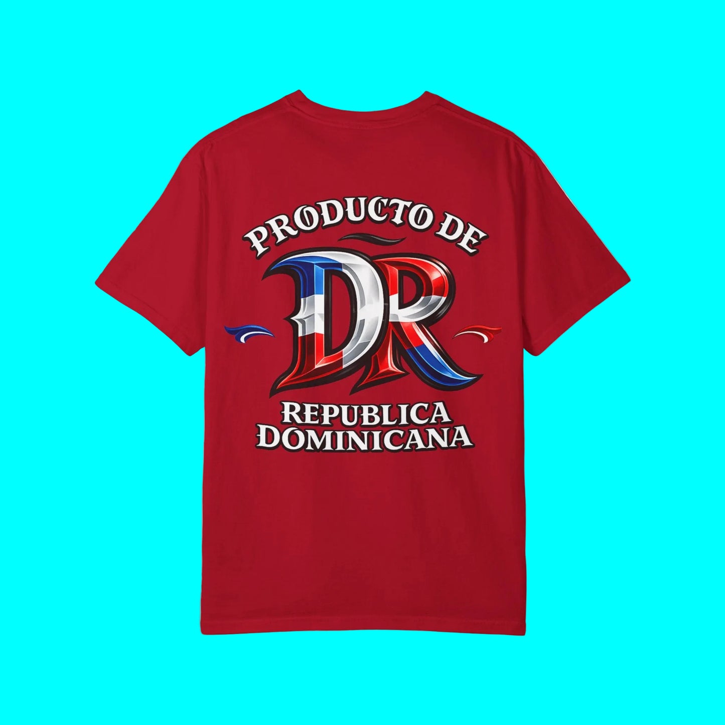 A red short-sleeve t-shirt with a graphic on the front featuring the text 'PRODUCTO DE REPUBLICA DOMINICANA' and a stylized 'DR' monogram in the colors of the Dominican Republic flag, shown on a plain white background.