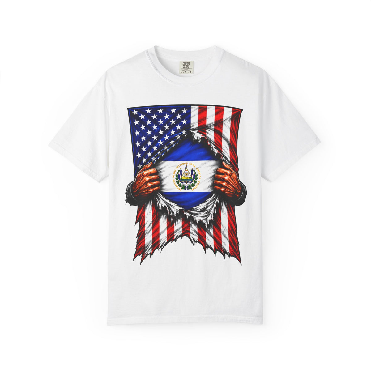 A white short-sleeve crewneck t-shirt featuring a graphic print of a ripped American flag revealing the flag of El Salvador underneath, with hands tearing the fabric.