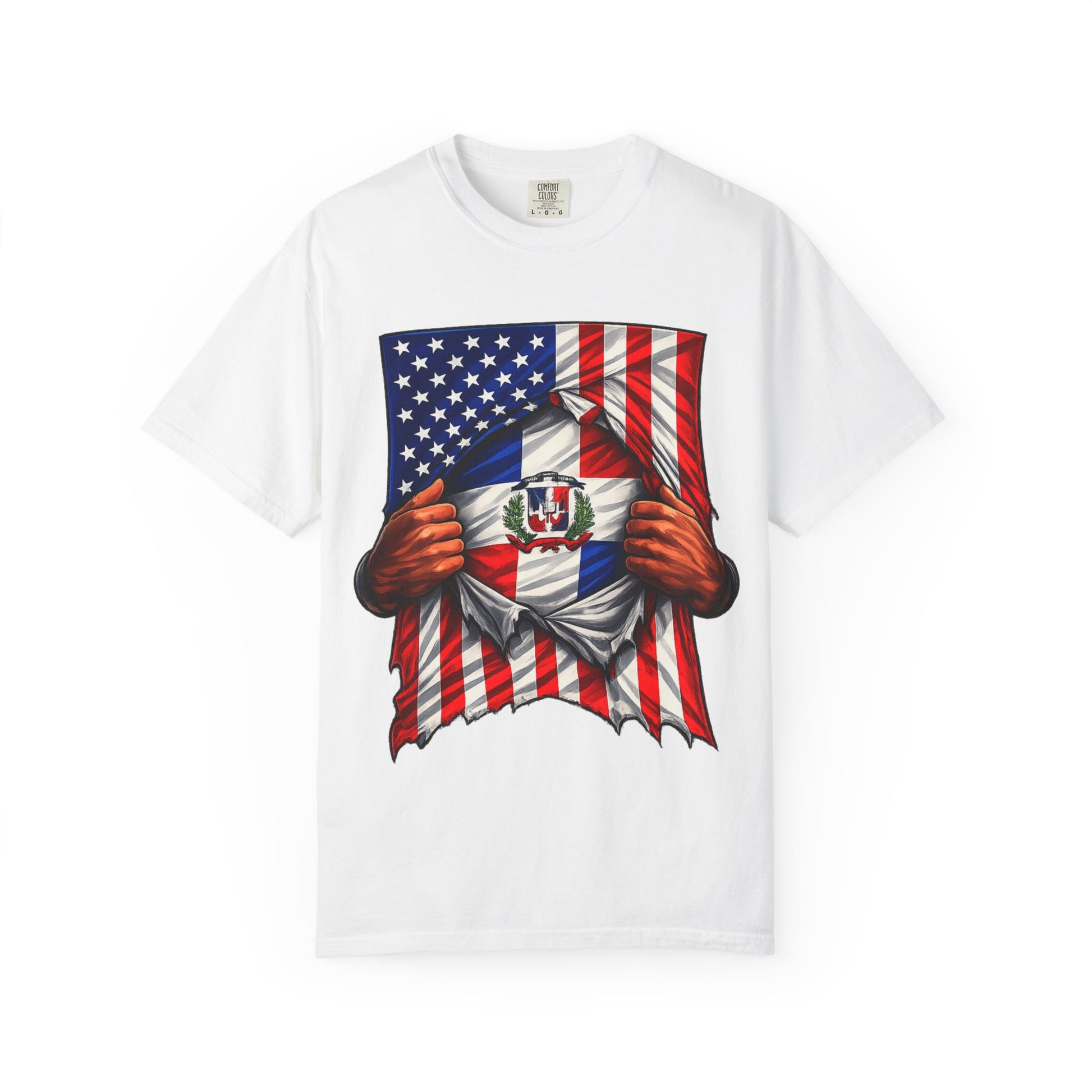 White t-shirt with a graphic design of hands holding an American flag and a flag of Mexico on a white background