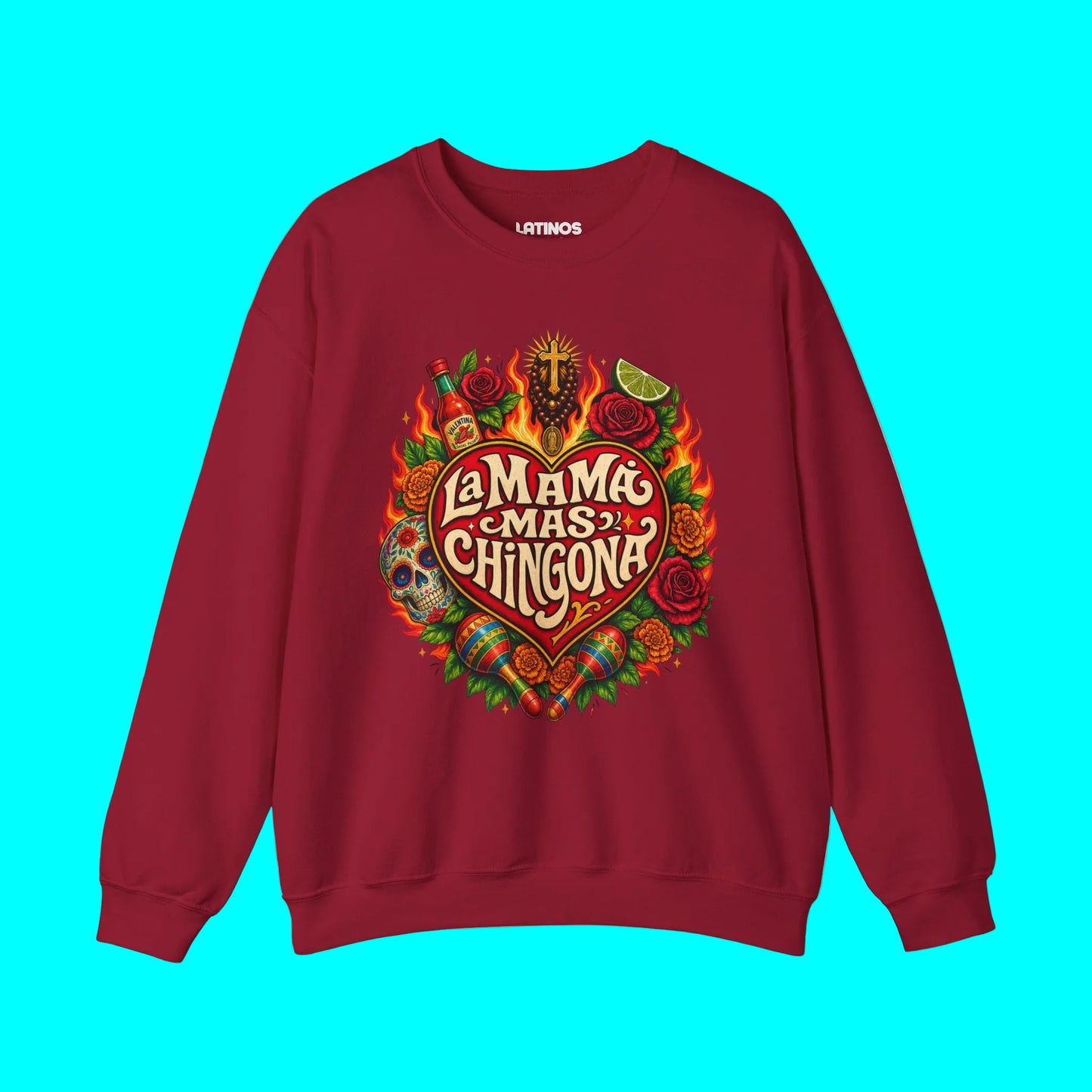 Red sweatshirt with colorful graphic design on a white background