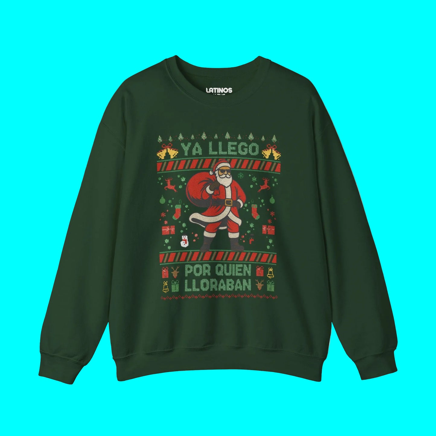 Ya Llegó Por Quien Lloraban Knit-Style Santa Christmas Crewneck Sweater | Funny Spanish Latino | 3 Colors