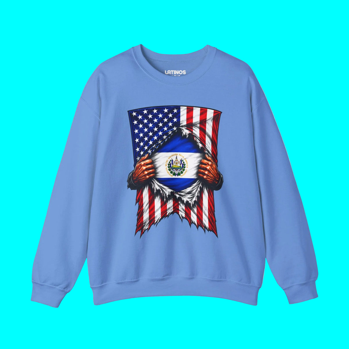 El Salvador Flag + USA Flag Heritage Crewneck Sweatshirt  | Salvadorian + American Culture Flag Rip 4th Of July | Funny Viral Latino | Heavyweight Fleece-Lined