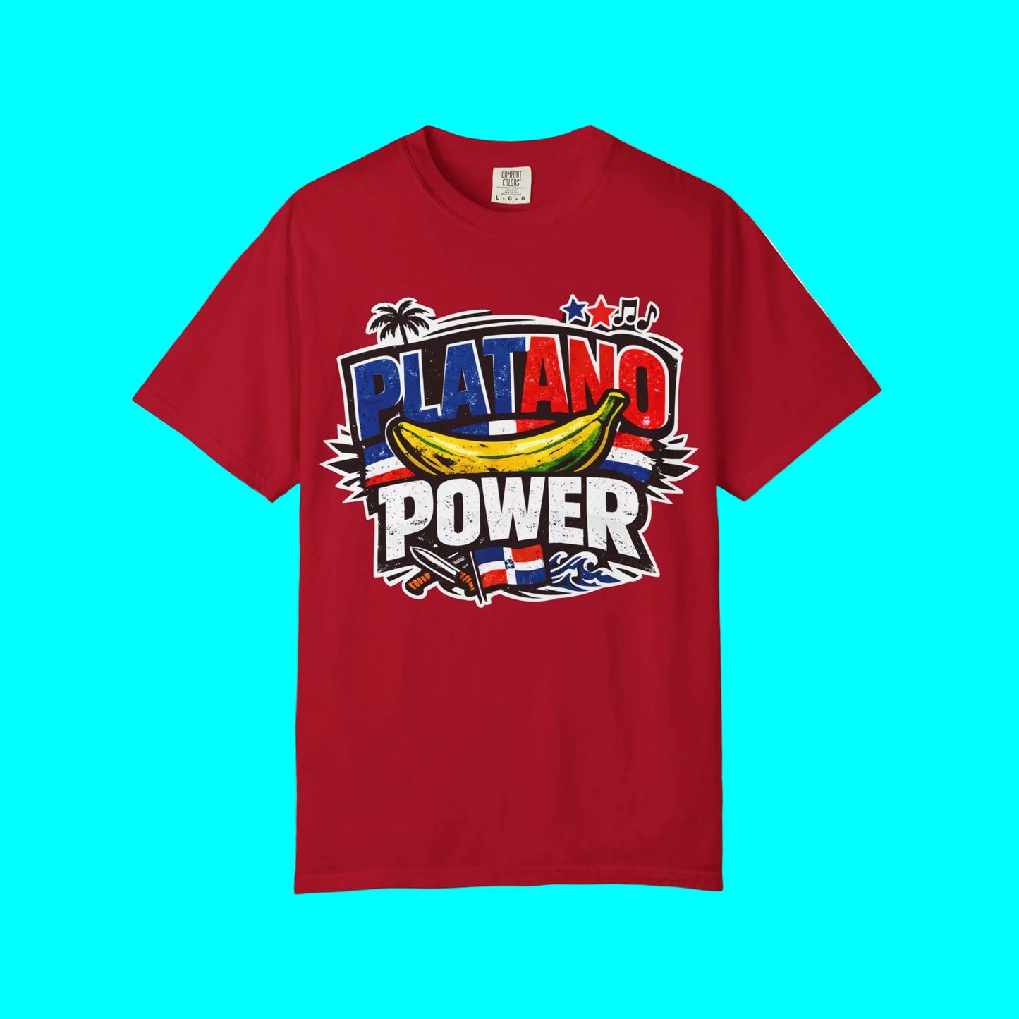 Red t-shirt with 'Platano Power' graphic design on a white background