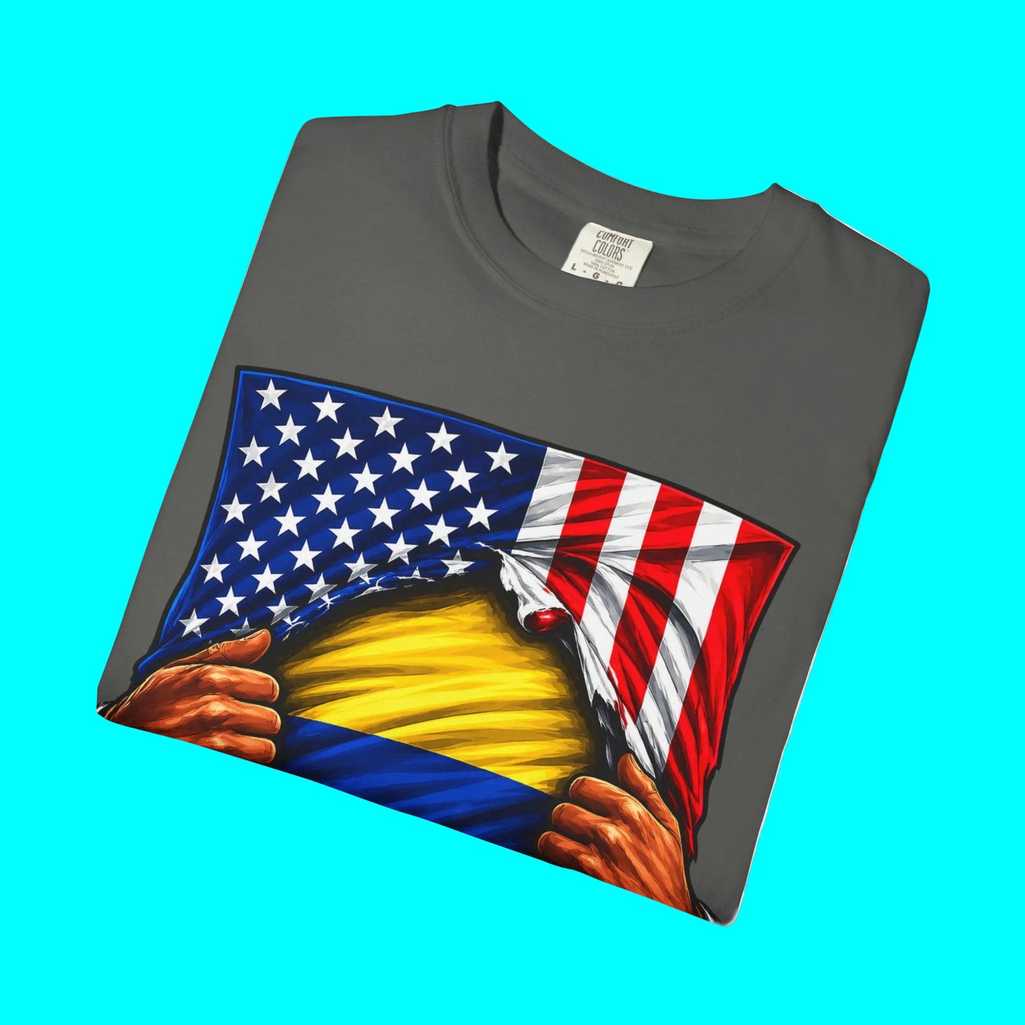 Gray t-shirt with American flag and hands design on a white background