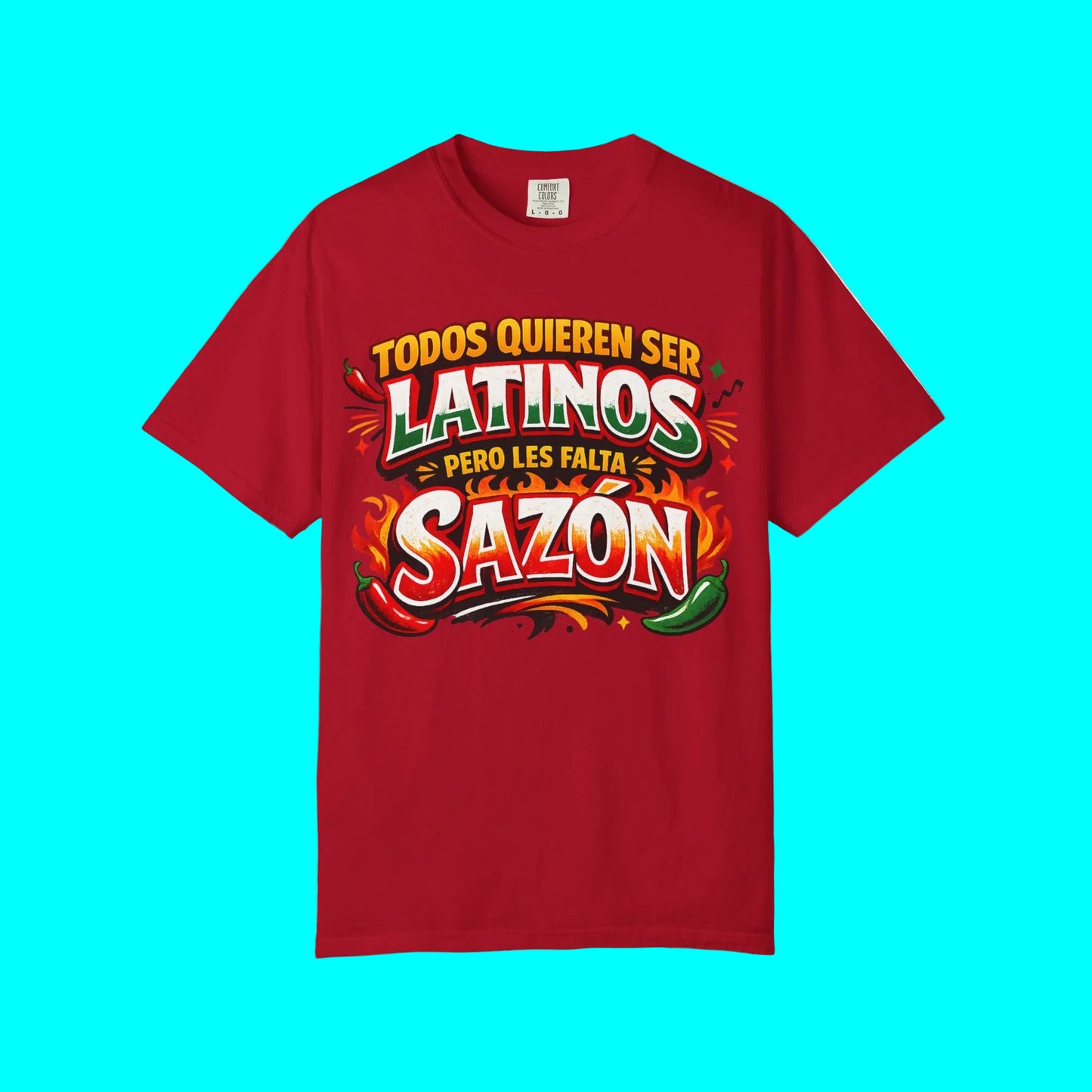 Red t-shirt with colorful text and graphics on a white background