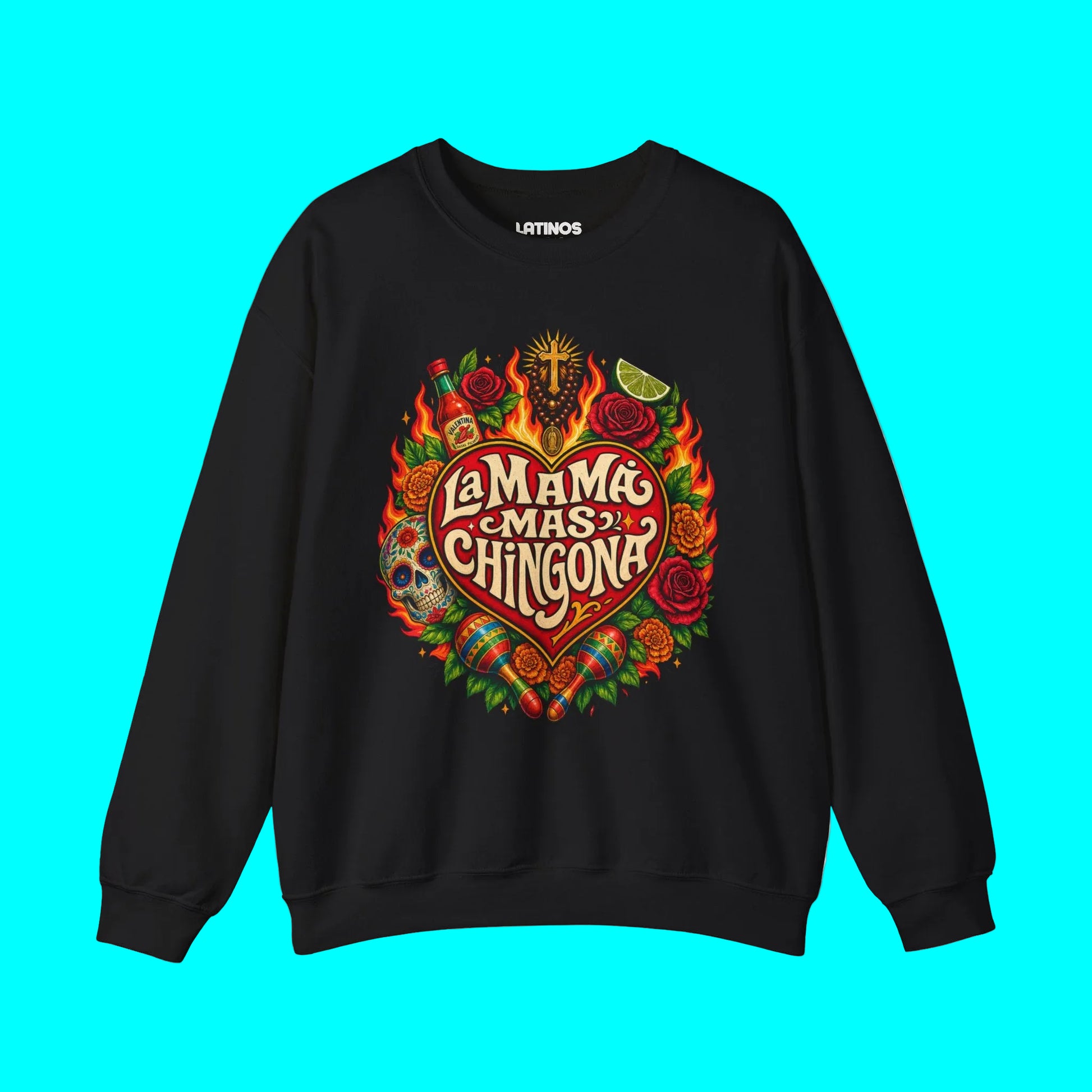 Black sweatshirt with colorful graphic design and text on a white background