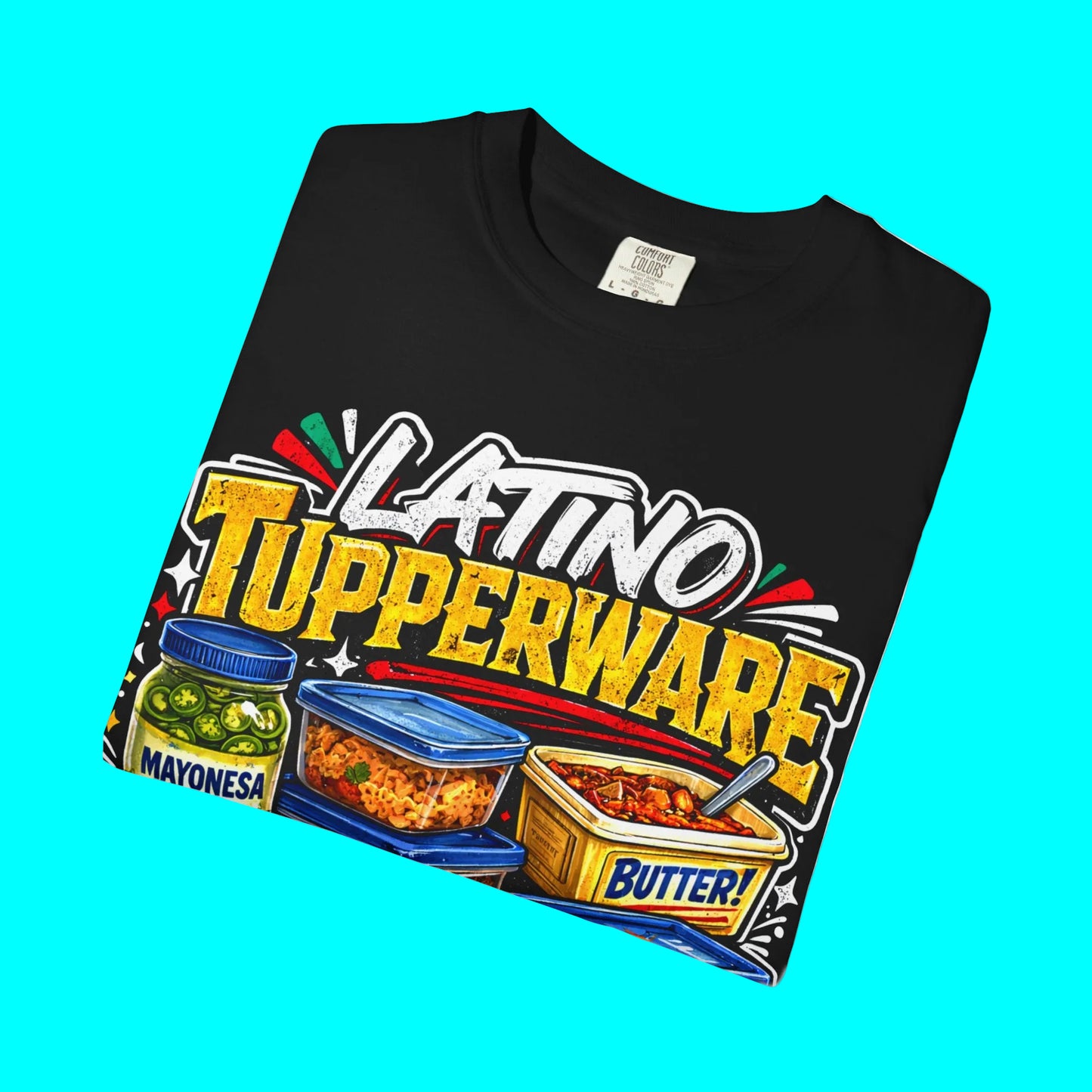 Black t-shirt with colorful graphic design of Tupperware containers and 'Latino Tupperware' text on a white background.