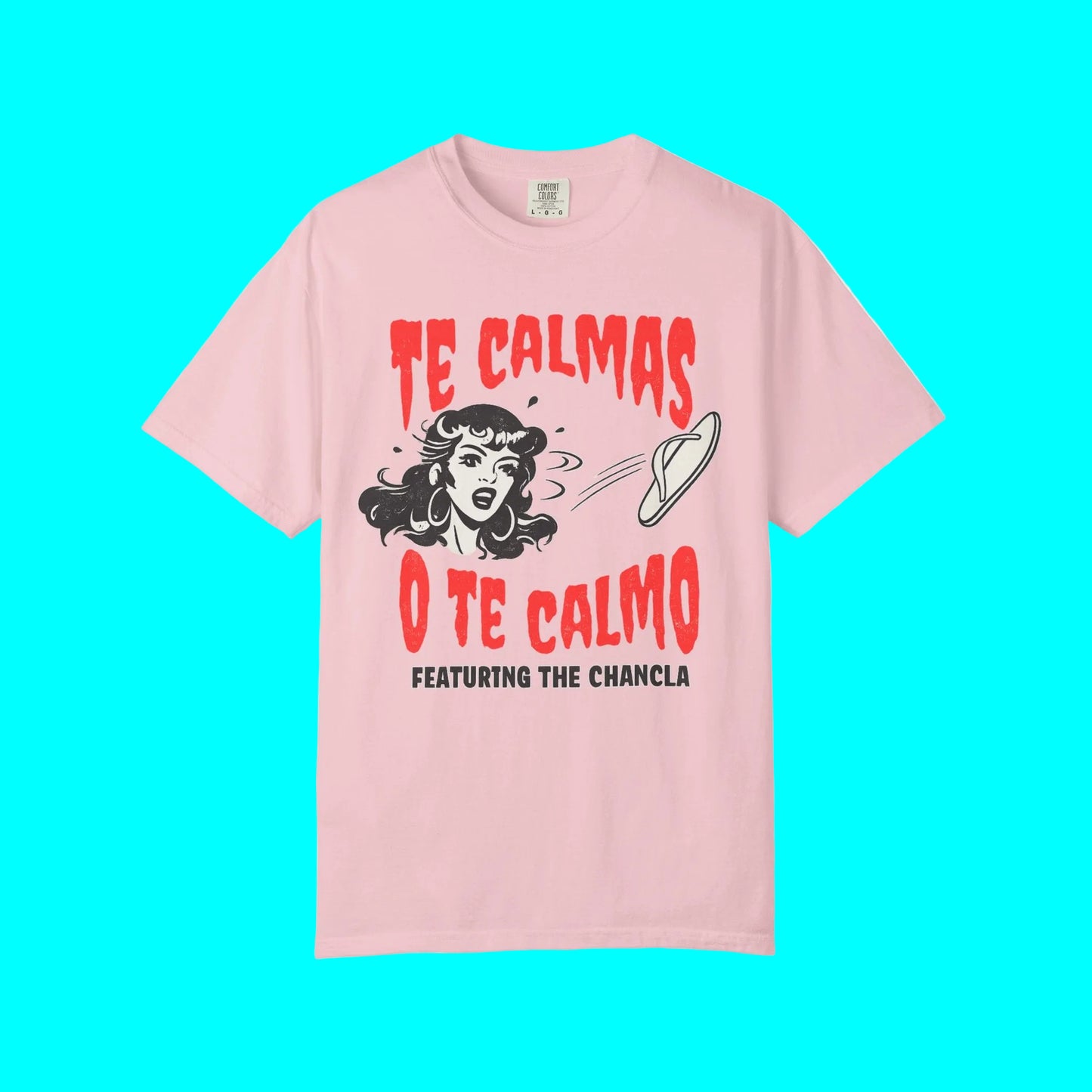Pink t-shirt with graphic design and text on a white background