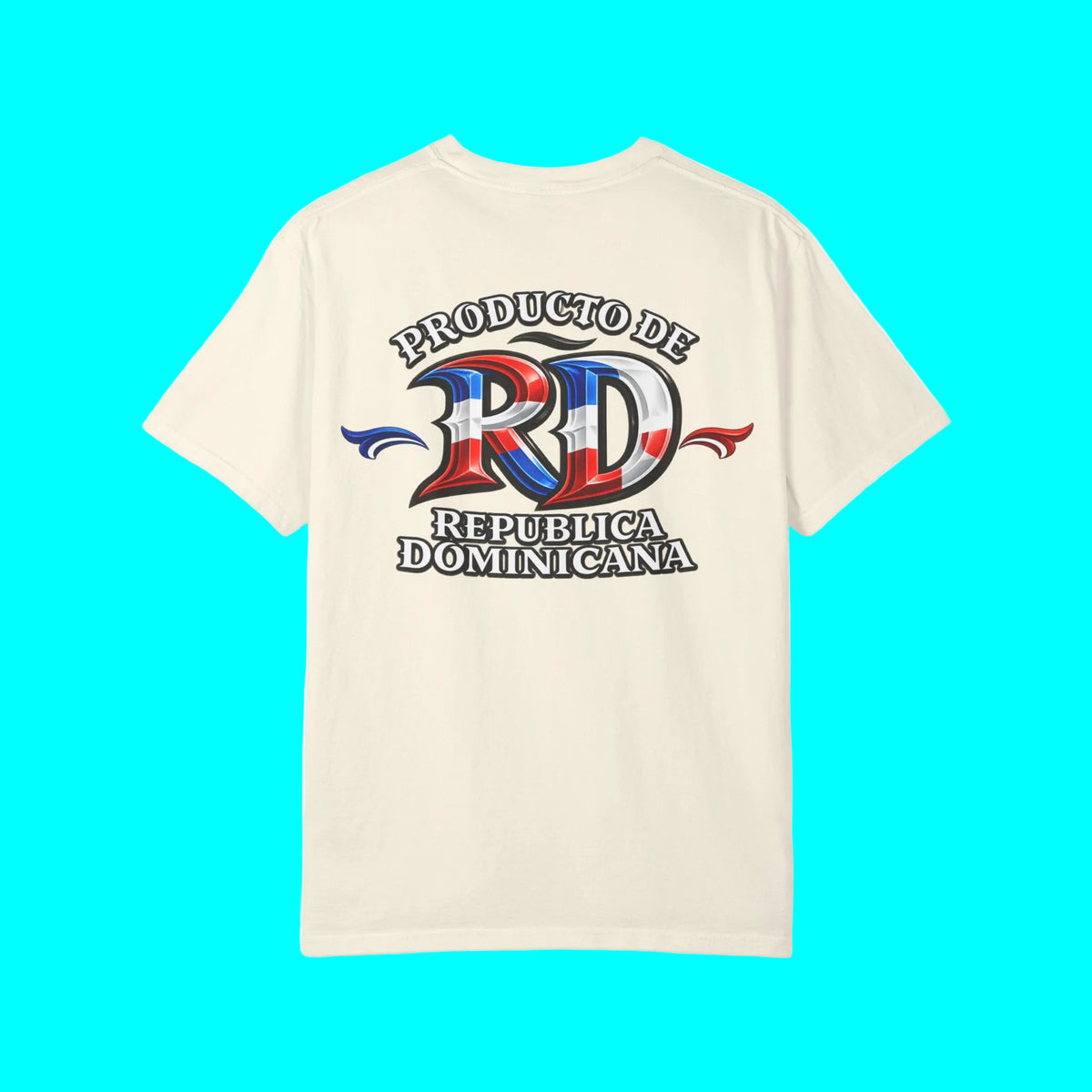 An off-white short-sleeve t-shirt with a graphic on the front featuring the text 'PRODUCTO DE REPUBLICA DOMINICANA' and a stylized 'RD' monogram in red, white, and blue.