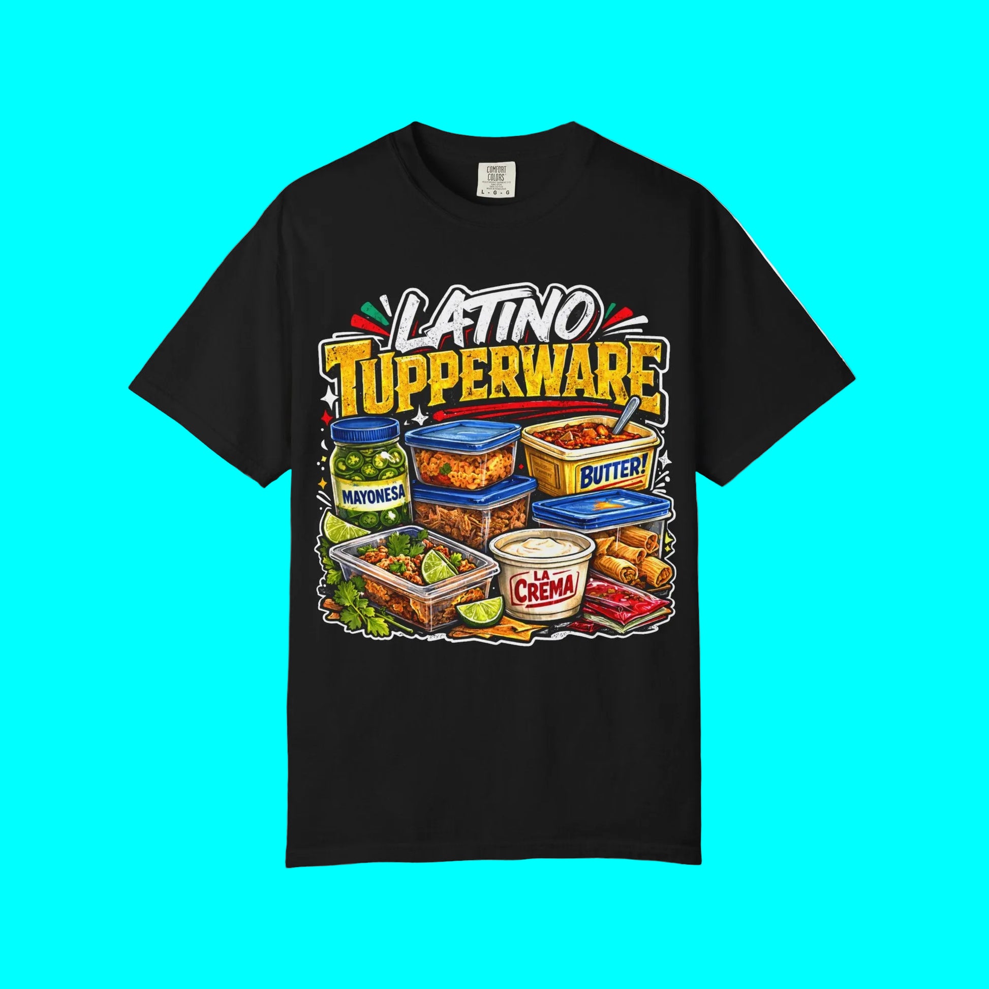 Black t-shirt with colorful graphic of Tupperware containers and 'Latino Tupperware' text on a white background