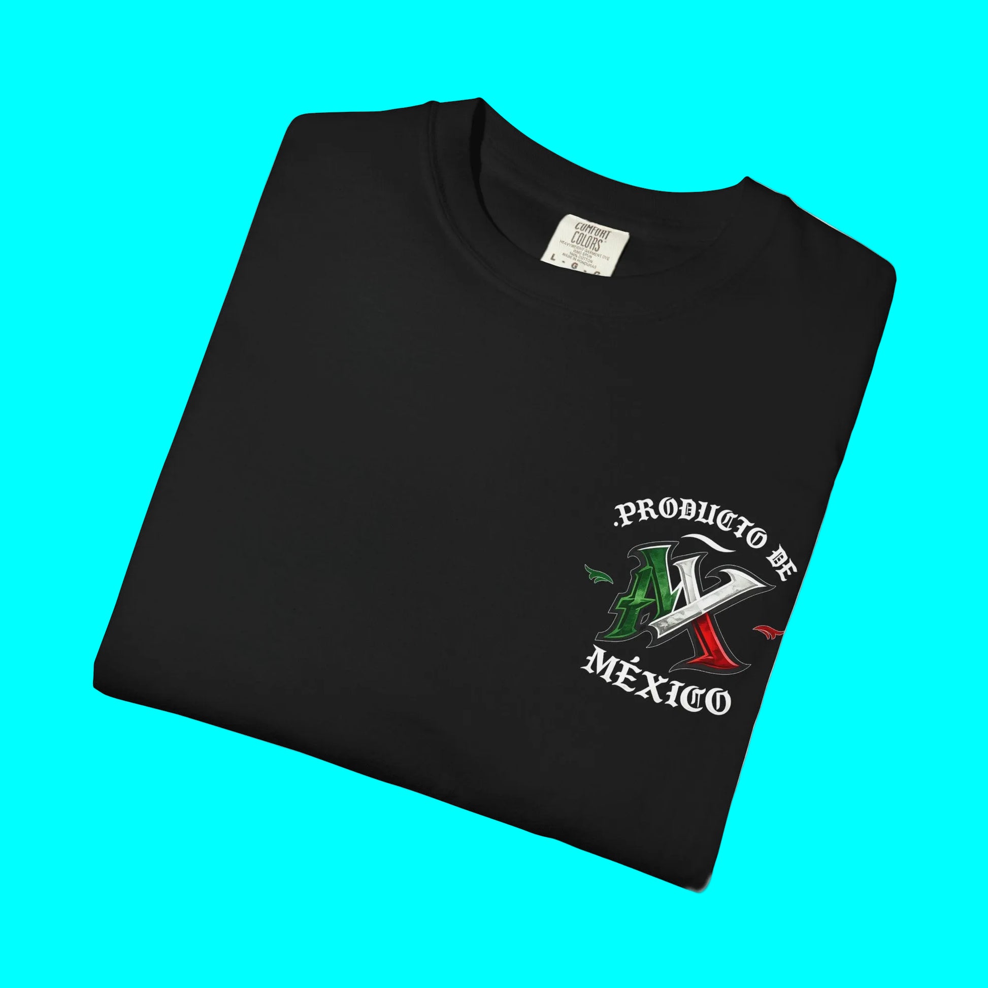 Folded green t-shirt with a logo on a white background