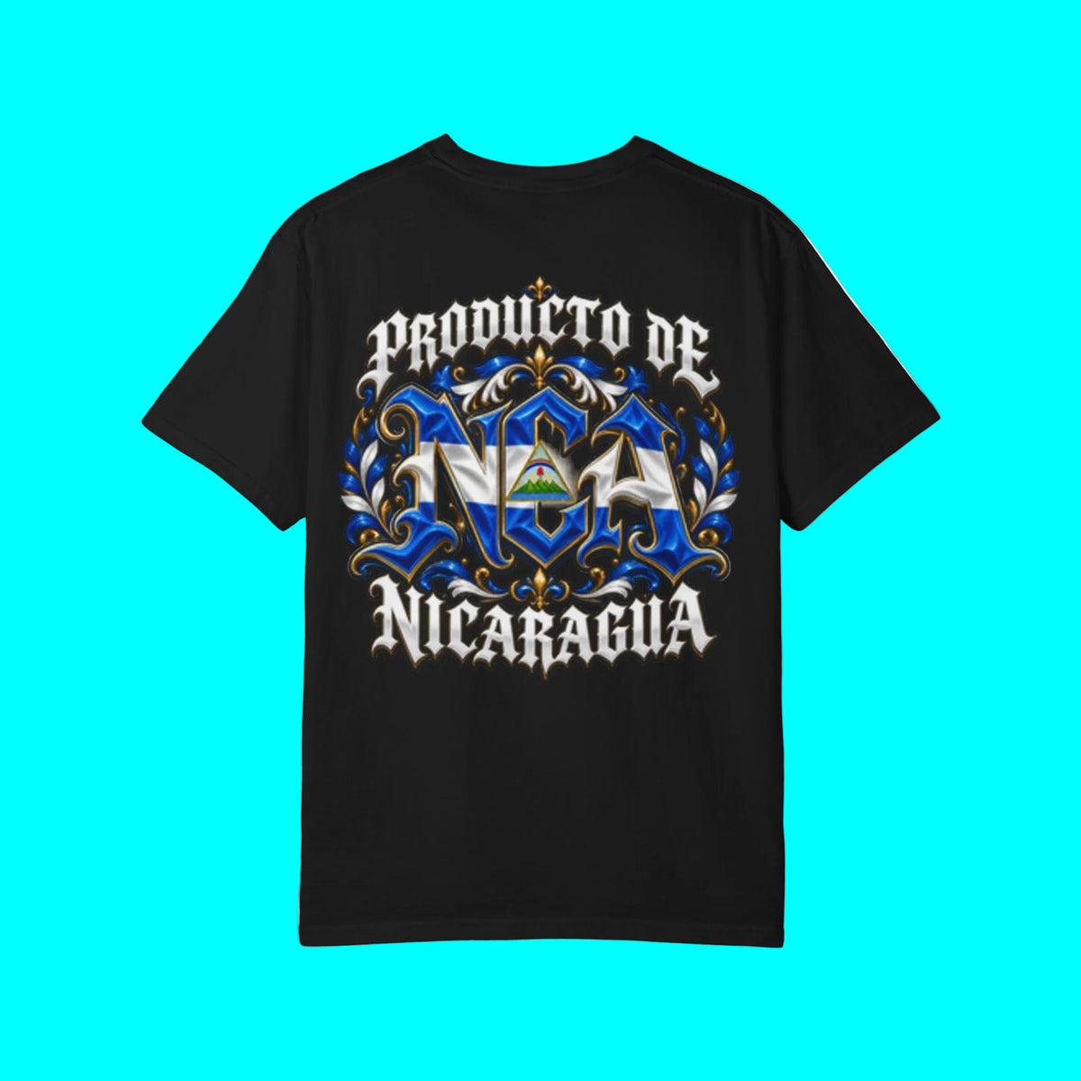 A black short-sleeve t-shirt with a large graphic on the front reading 'PRODUCTO DE NICARAGUA' in a stylized white font, surrounded by blue and gold ornamental details and a small Nicaraguan flag motif.