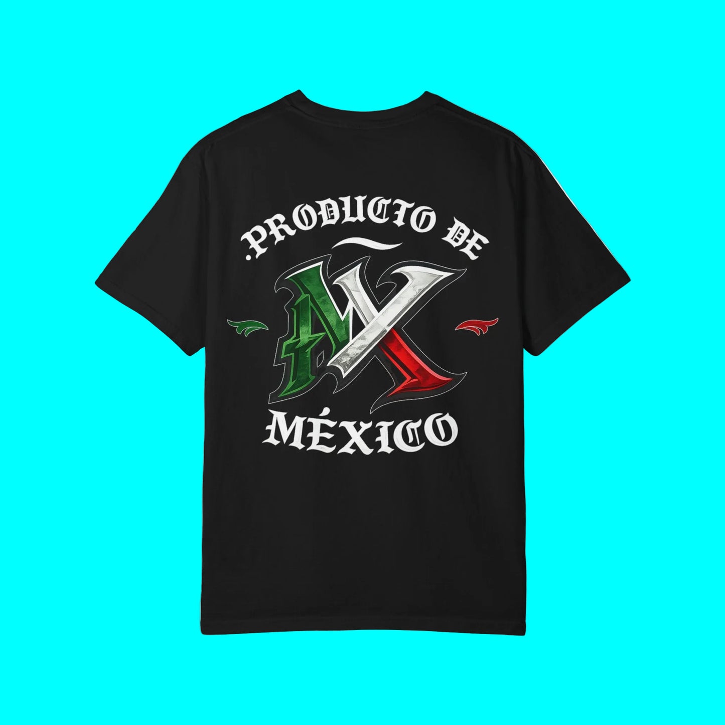 A black short-sleeve t-shirt with a graphic on the front that reads '.PRODUCTO BE MÉXICO' in white gothic lettering, surrounding a stylized 'MX' monogram filled with the green, white, and red colors of the Mexican flag.