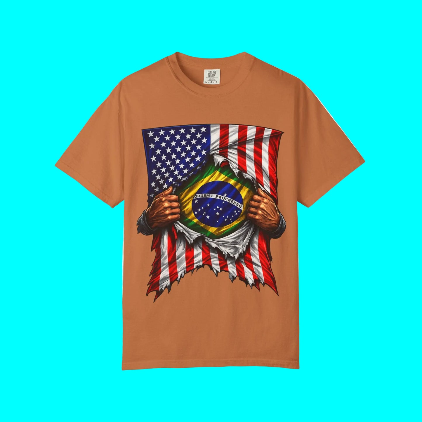 Brazil Flag + USA Flag Heritage T-shirt | Brazilian + American Culture Flag Rip 4th Of July | Funny Viral Latino Tees | Heavyweight Cotton