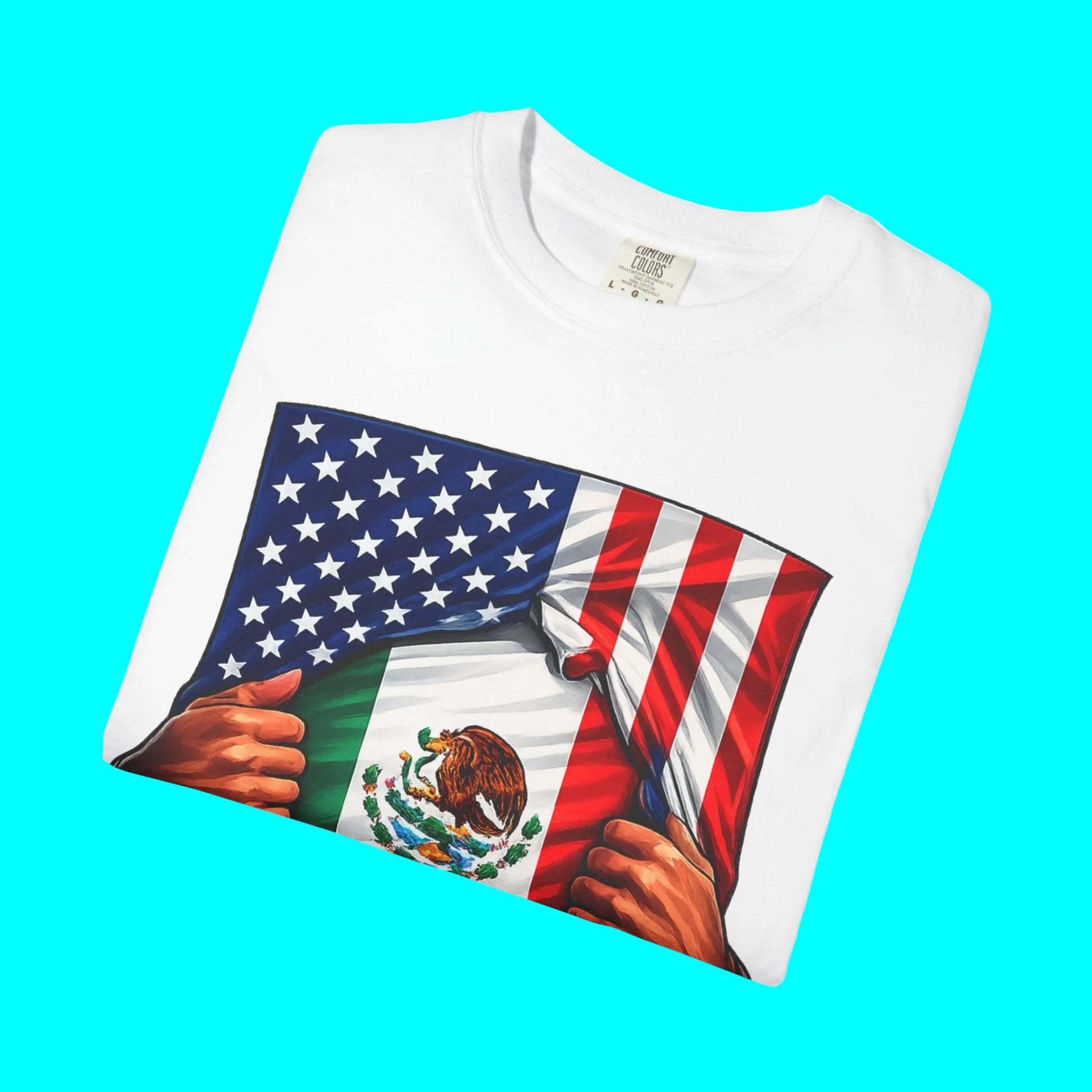 White t-shirt with an American and Mexican flag design on a white background
