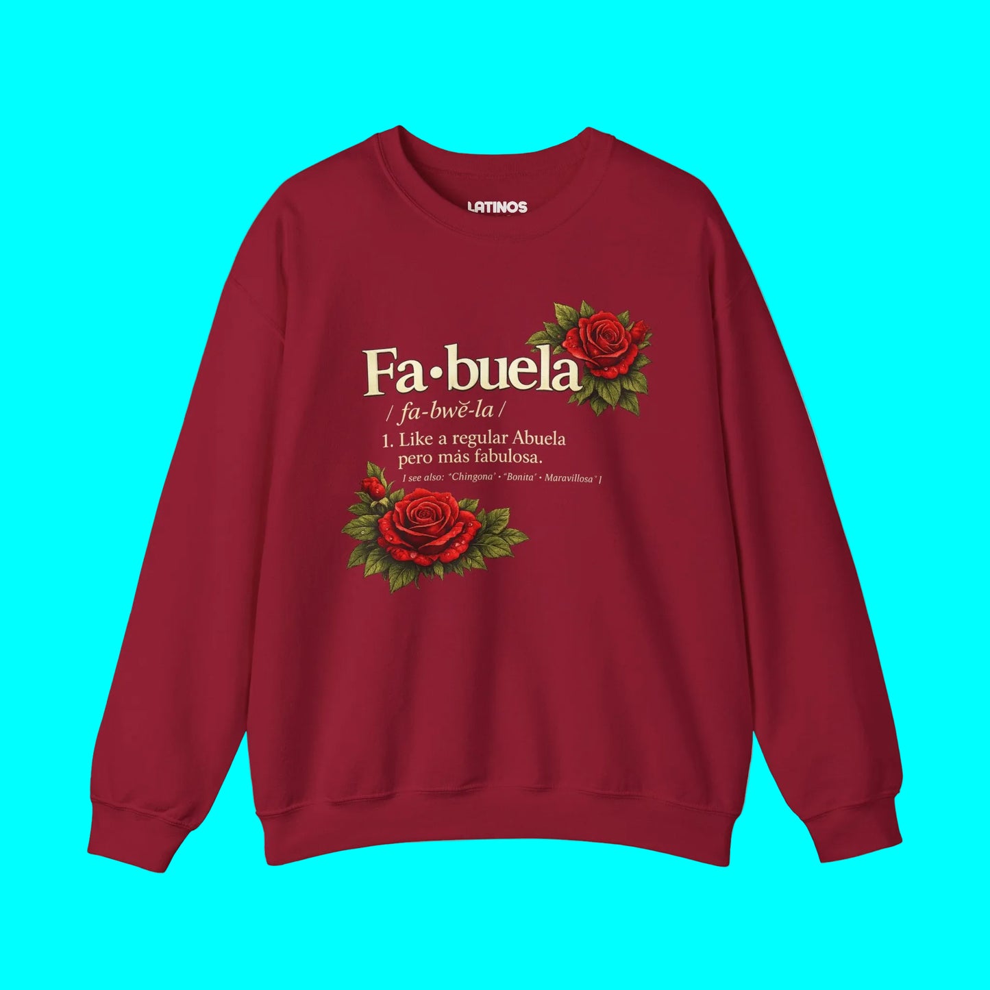 Red sweatshirt with floral design and text on a white background