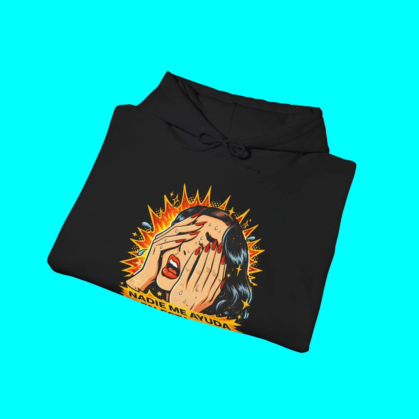 Black hoodie with a graphic design of a woman covering her face and 'Nadie Me Ayuda' text on a white background