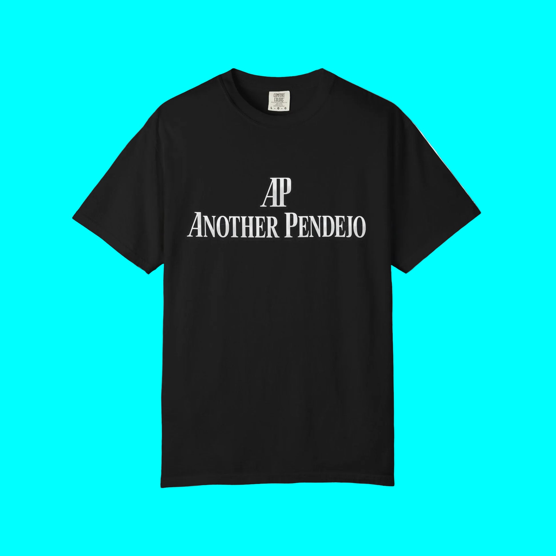 Black t-shirt with green text and clover design on a white background