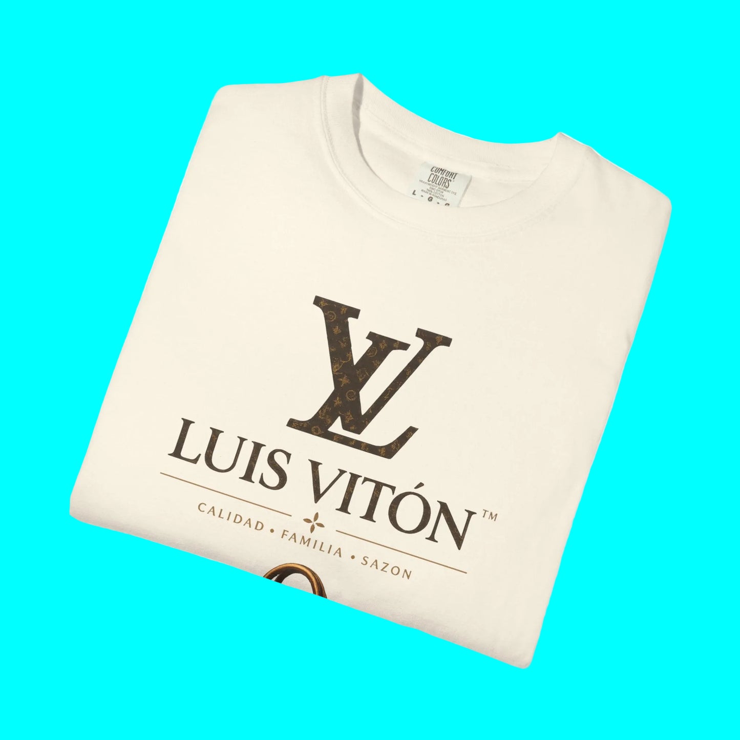 Folded cream-colored sweatshirt with 'Luis Vitón' logo on a white background