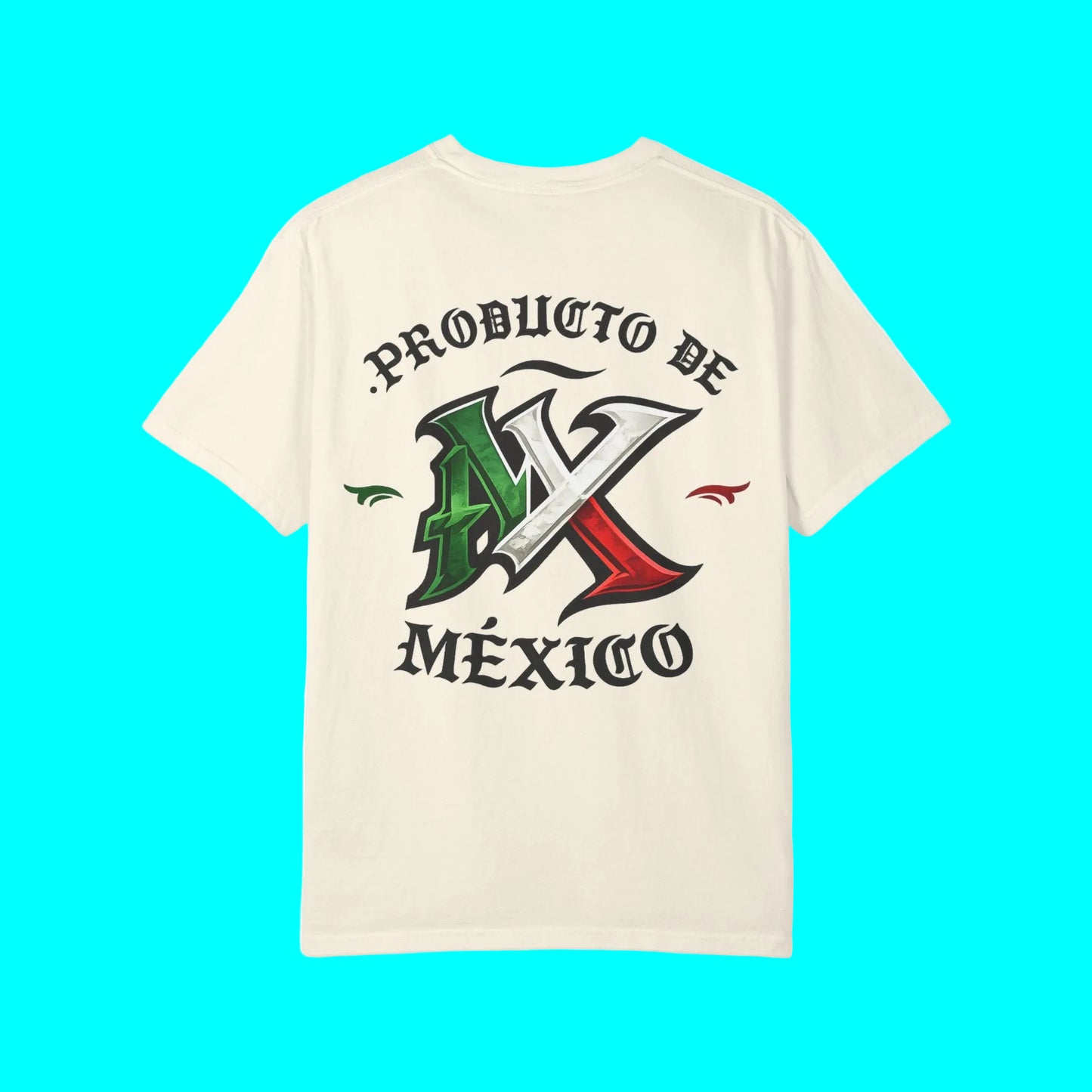 An off-white short-sleeve t-shirt with a graphic on the front featuring the text '.PRODUCTO DE MÉXICO' and a stylized 'MX' in green, white, and red resembling the Mexican flag.