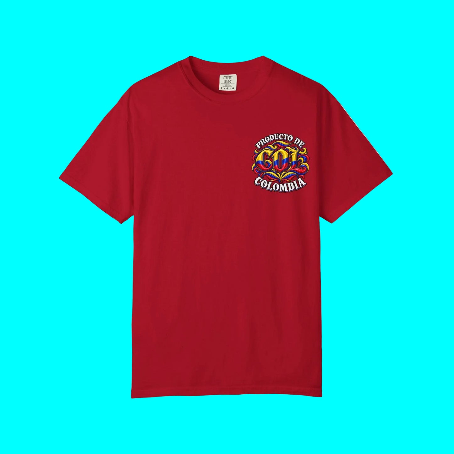 A red short-sleeve crewneck t-shirt with a colorful graphic on the left chest that reads 'PRODUCTO DE COLOMBIA' around a crown design, displayed on a clean white background.