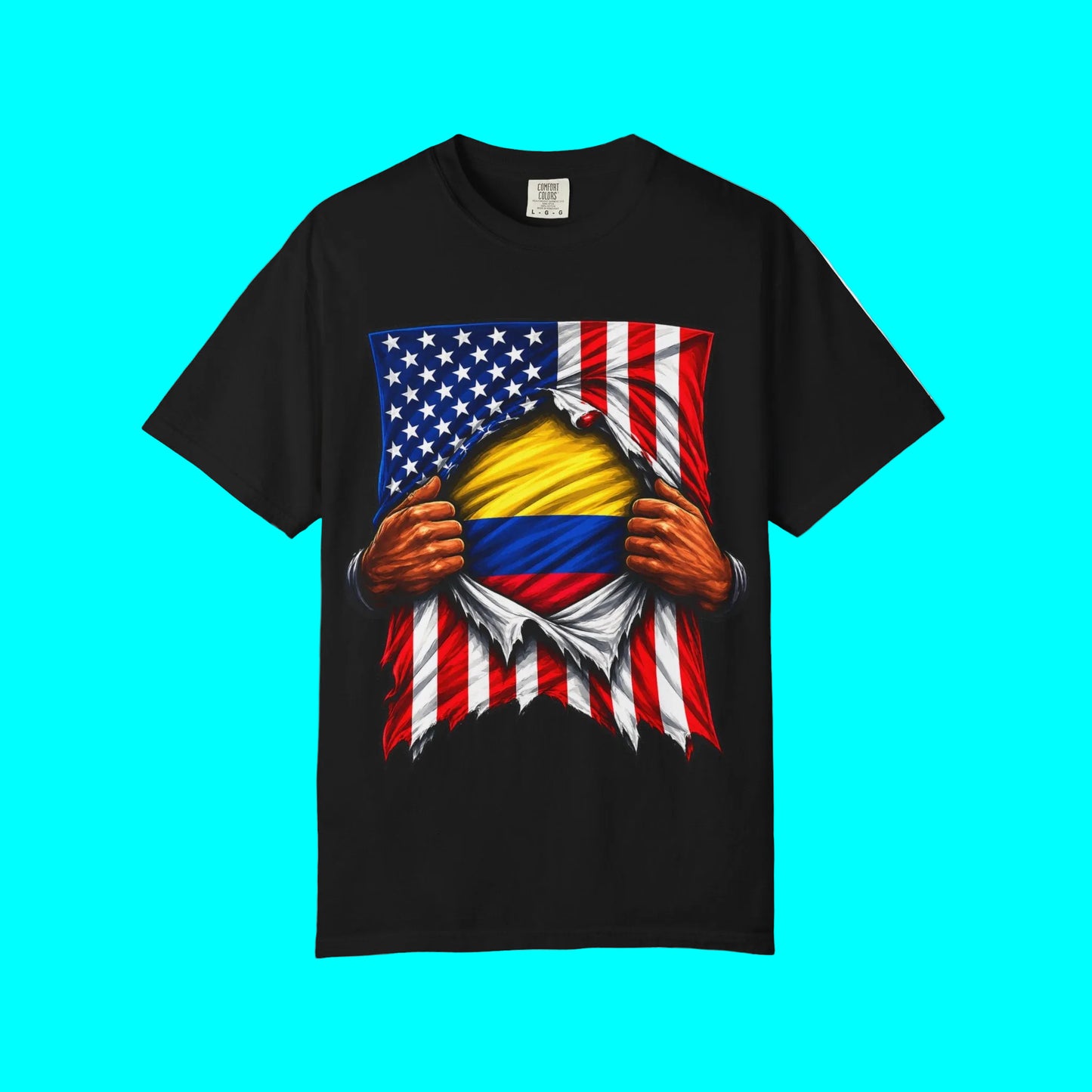 Black t-shirt with American and Colombian flag design on a white background