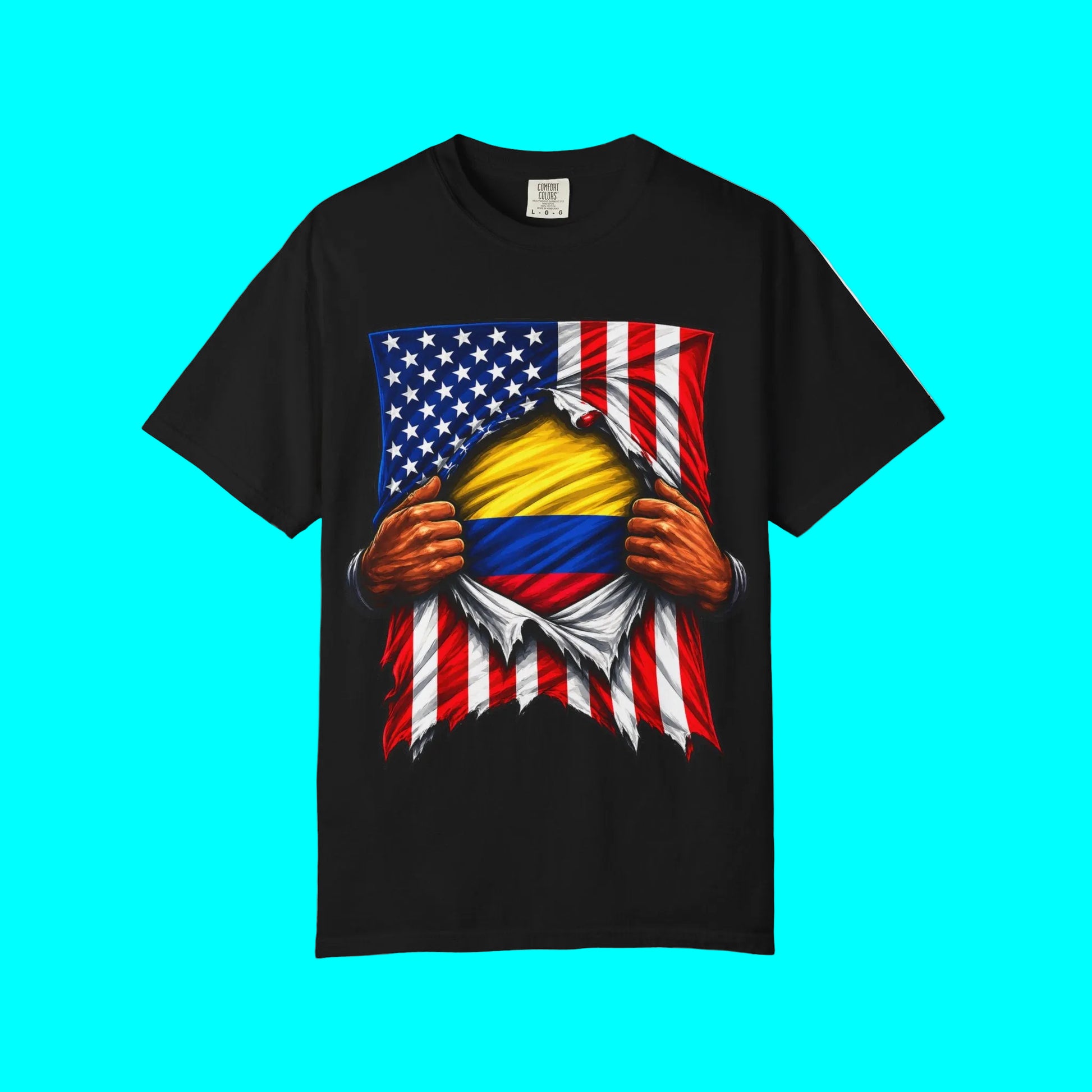 Black t-shirt with American and Colombian flag design on a white background