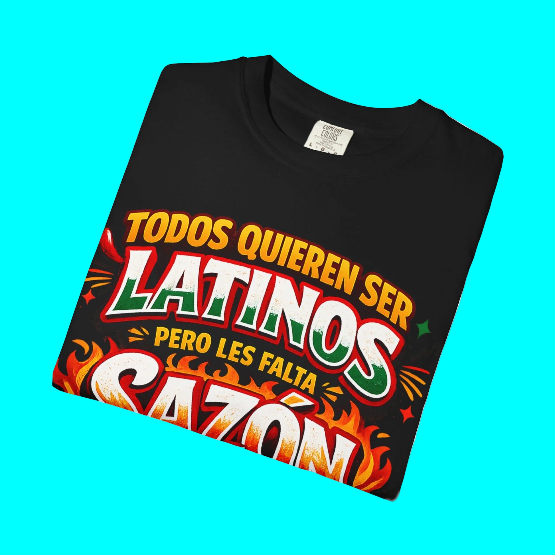 Black t-shirt with colorful Spanish text design on a white background