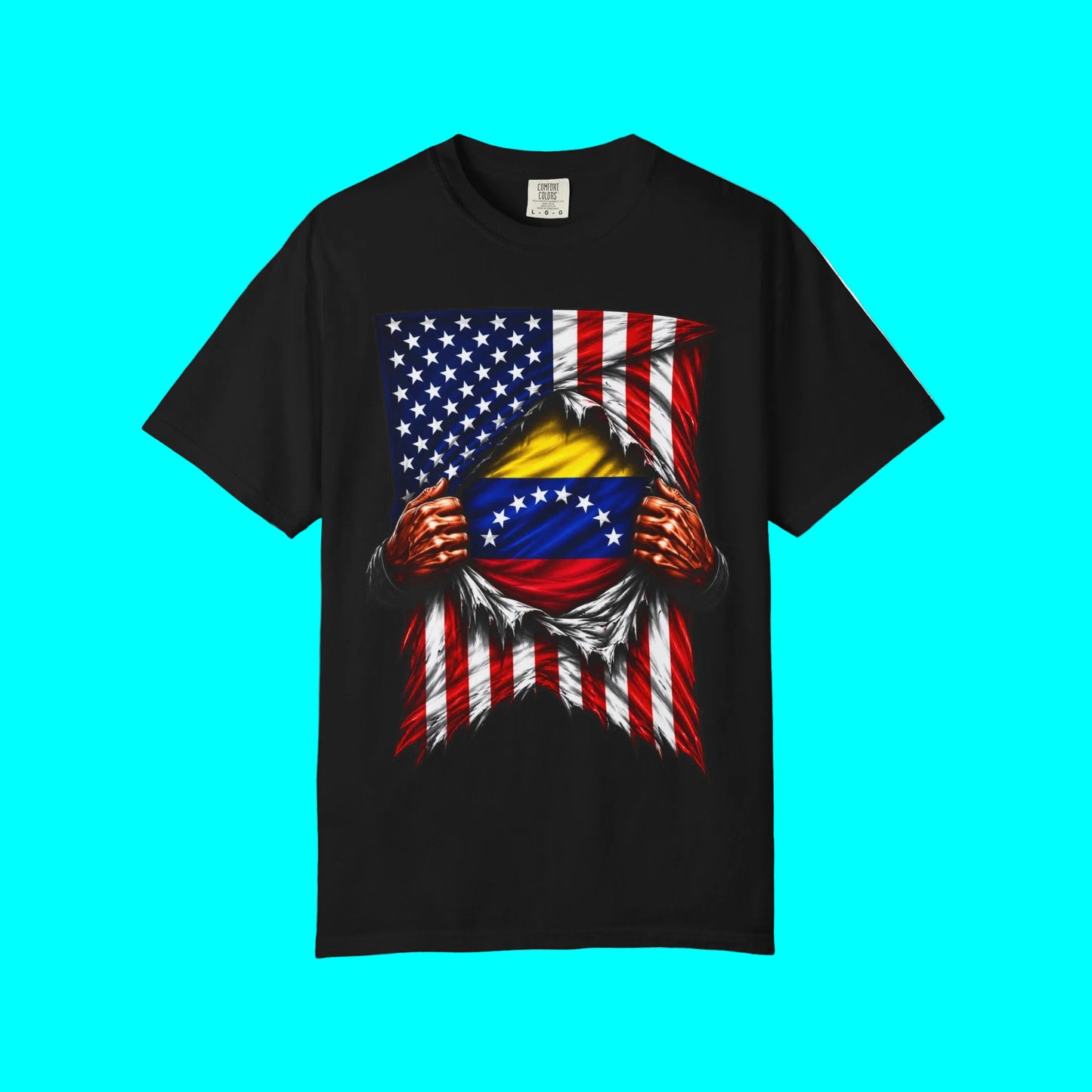 A black short-sleeve t-shirt with a graphic print of a ripped American flag revealing the Venezuelan flag and eagle emblem, displayed on a solid white background.