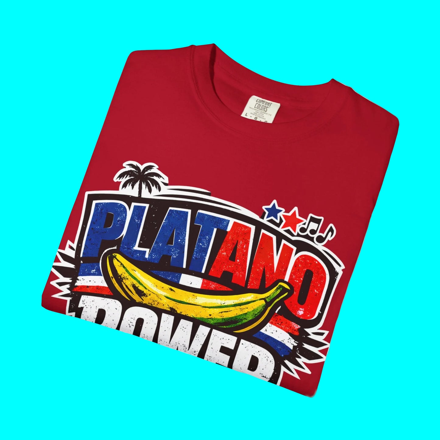 Red t-shirt with 'Platano Power' graphic design on a white background