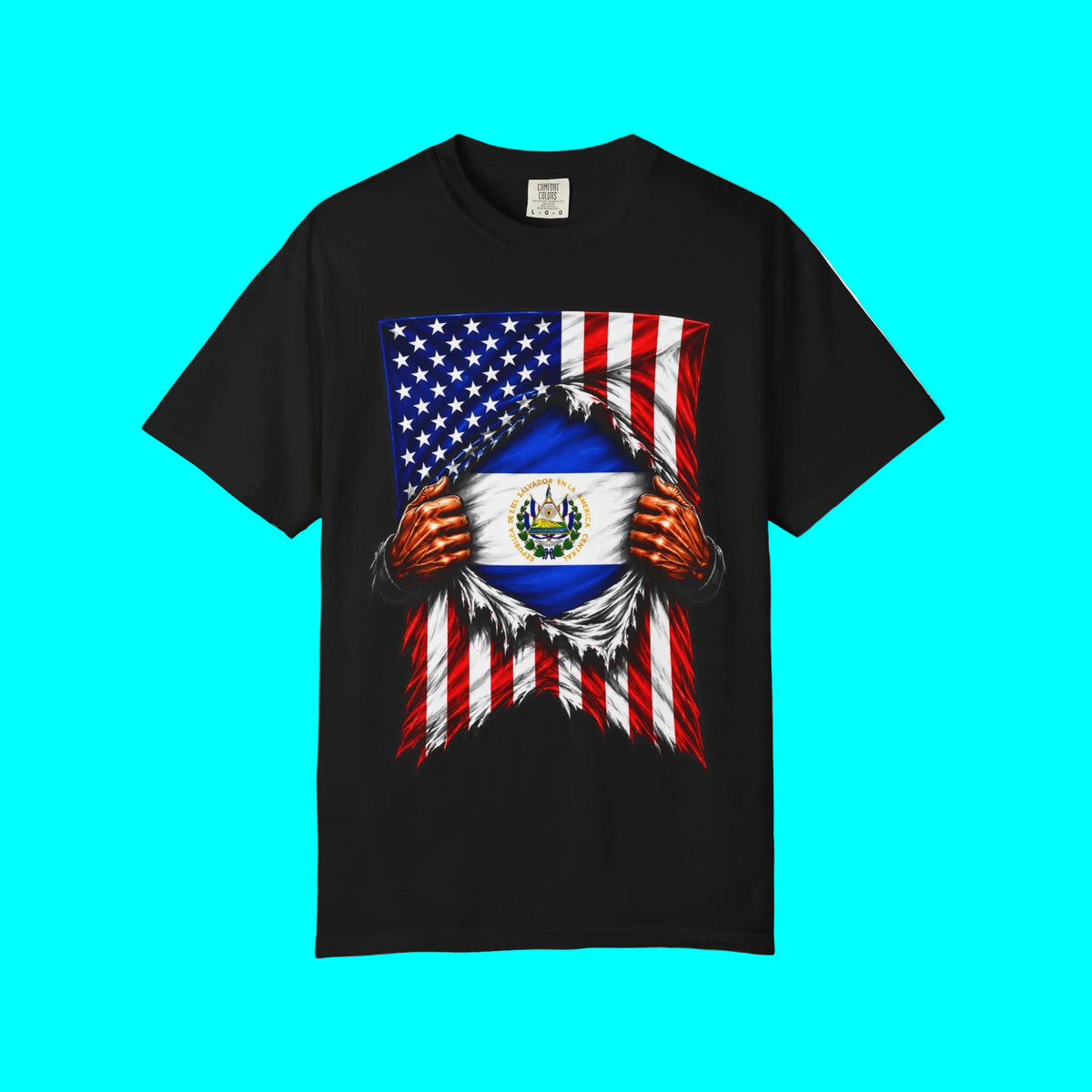 A black short-sleeve t-shirt with a graphic print of the United States flag being ripped open to reveal the flag of El Salvador underneath, set against a plain white background.