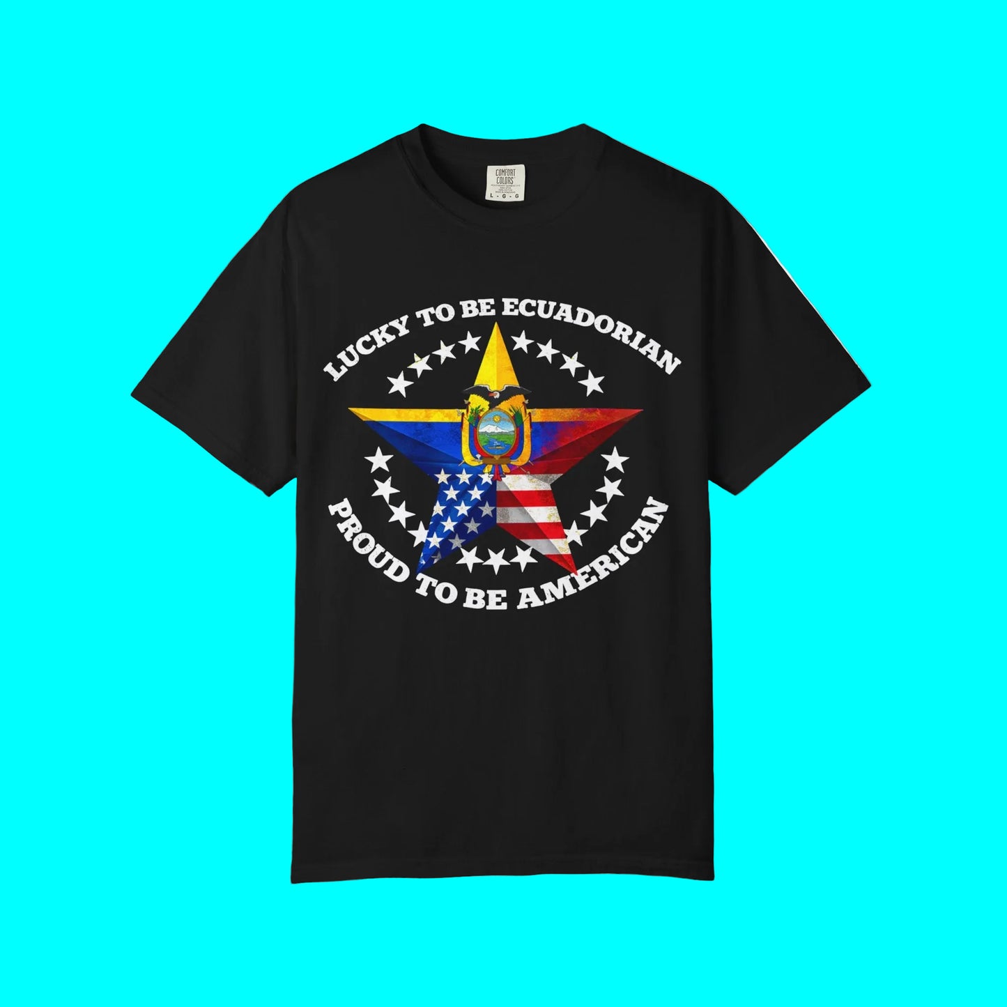 Black t-shirt with a star design featuring the American and Ecuadorian flags on a white background.