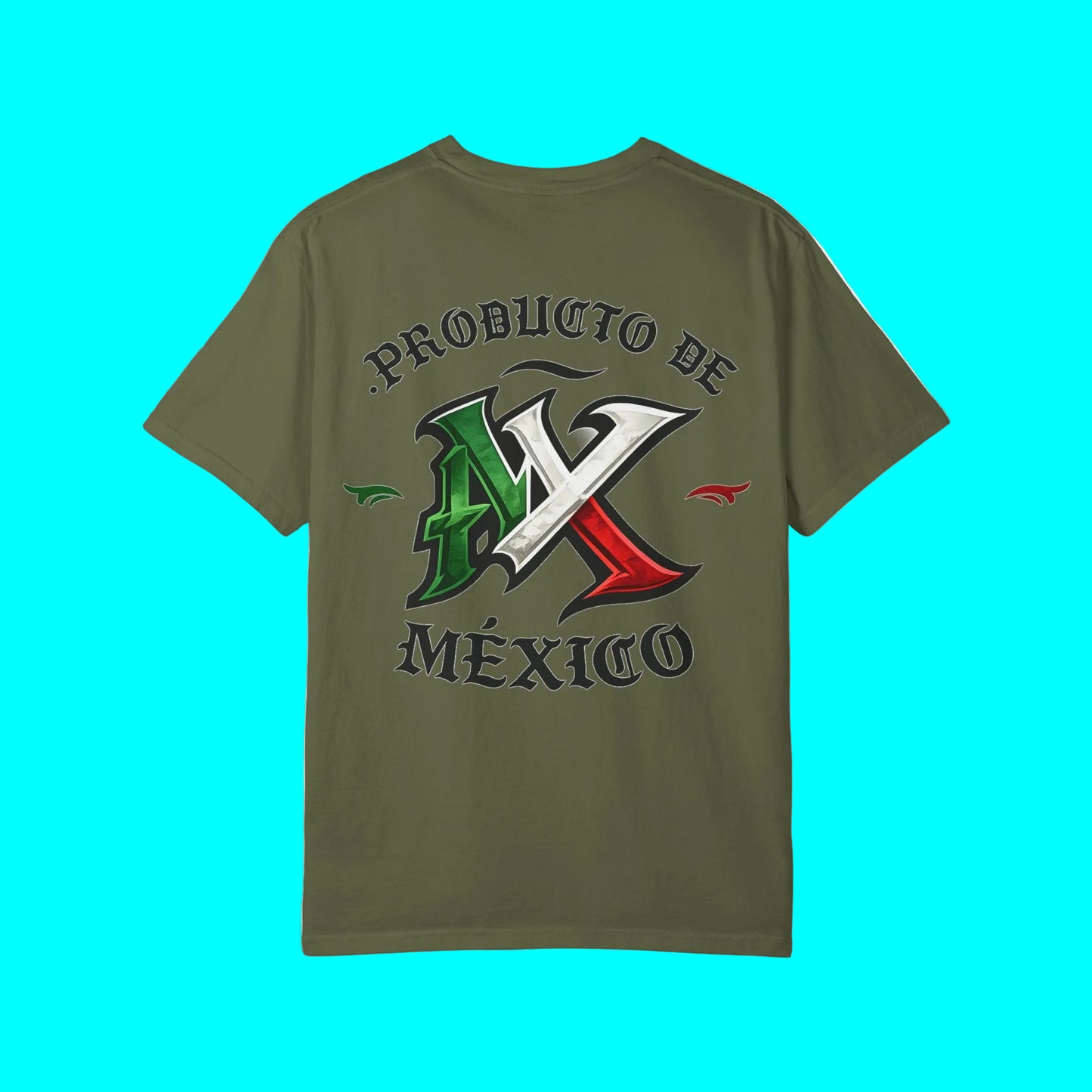 An olive green short-sleeve t-shirt with a graphic on the front featuring the text 'PRODUCTO DE MÉXICO' and a stylized 'MX' logo in green, white, and red, representing the Mexican flag.