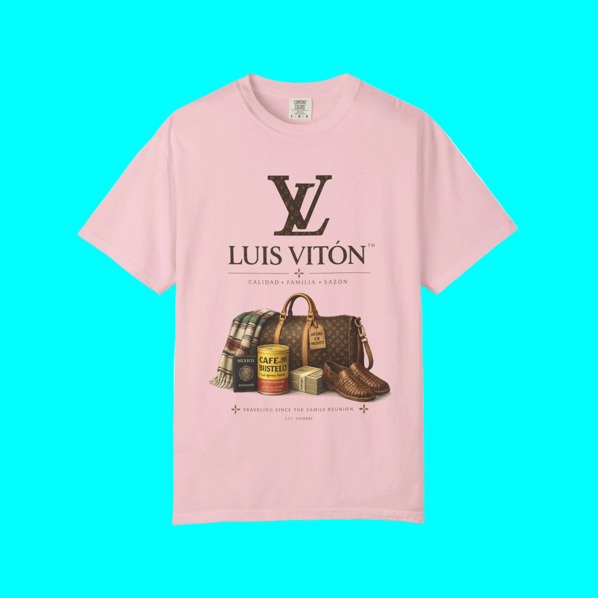 Pink t-shirt with Luis Viton graphic on a white background
