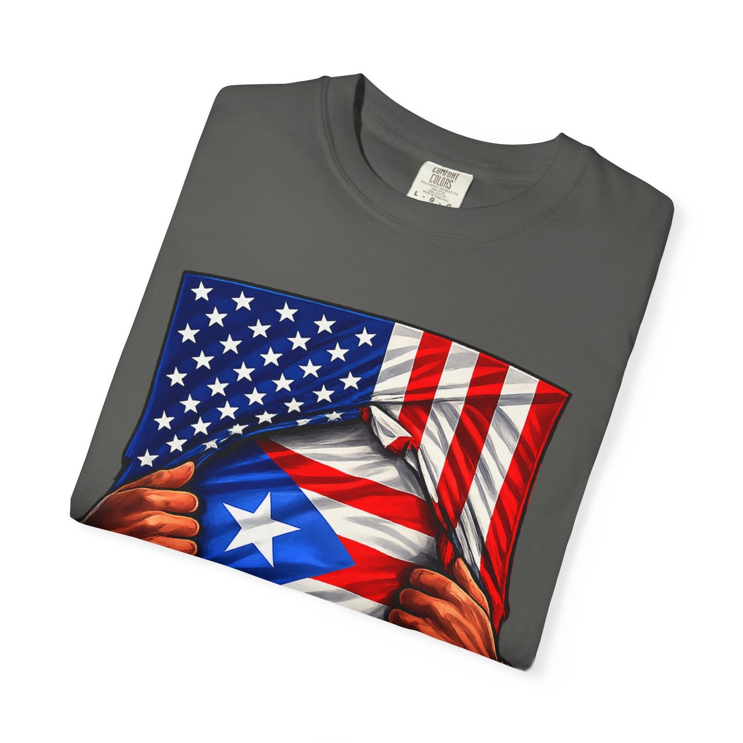 Gray t-shirt with American flag design on a white background