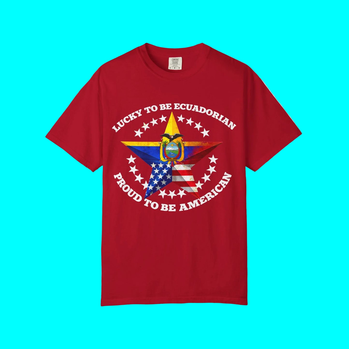 Red t-shirt with a colorful graphic and text on a white background