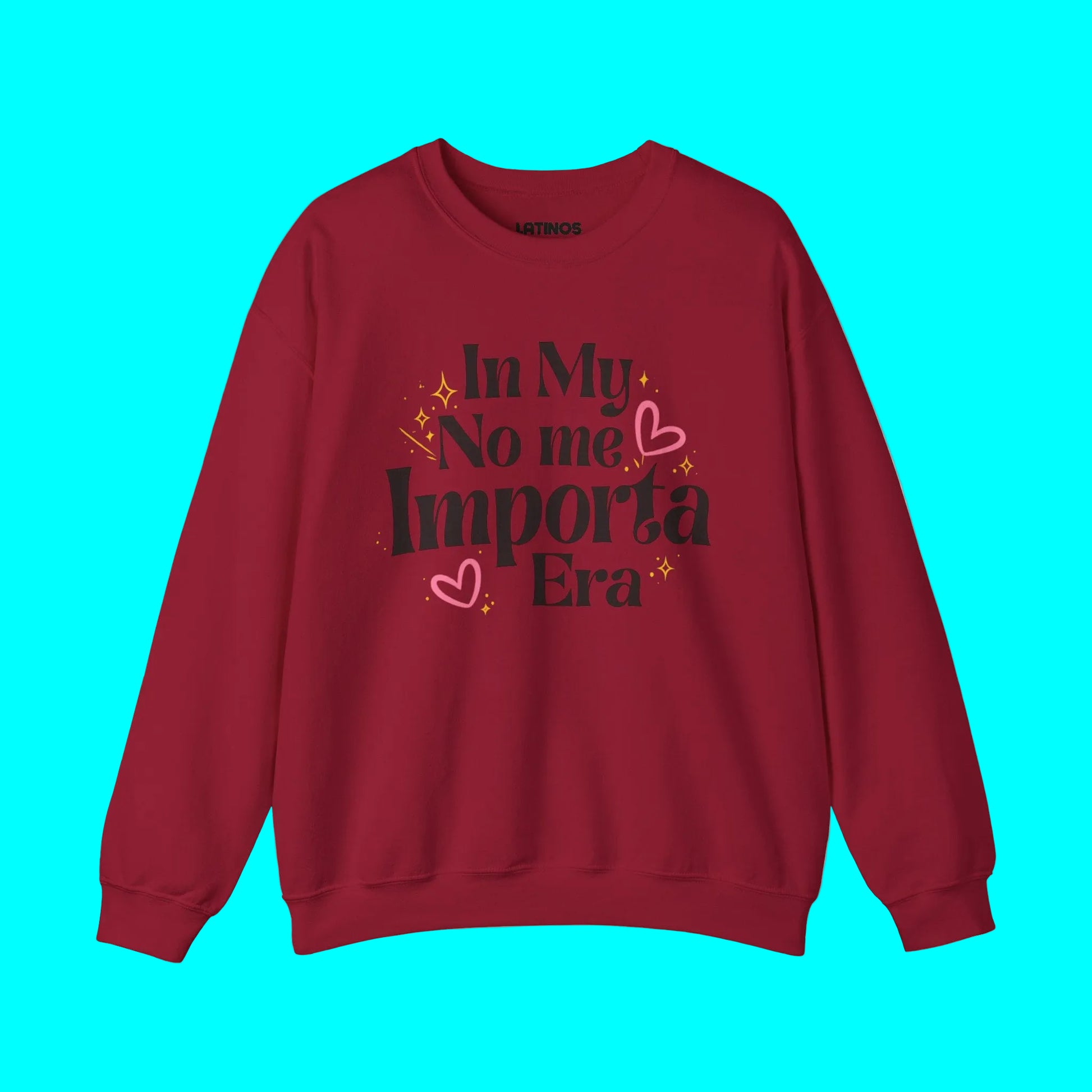 Red sweatshirt with text design on a white background