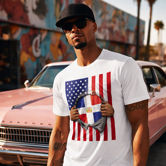Dominican Republic Flag + USA Flag Pride T-shirt | Dominican + American Pride 4th Of July | Funny Viral Latino Tees | Unisex