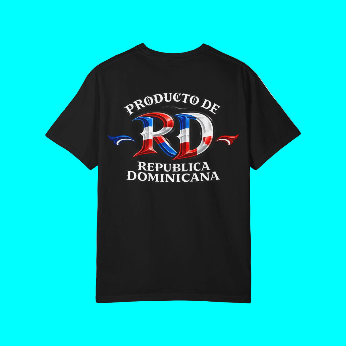 A black short-sleeve t-shirt with a graphic on the chest reading 'PRODUCTO DE REPUBLICA DOMINICANA' and a stylized 'RD' in red, white, and blue, shown on a plain white background.